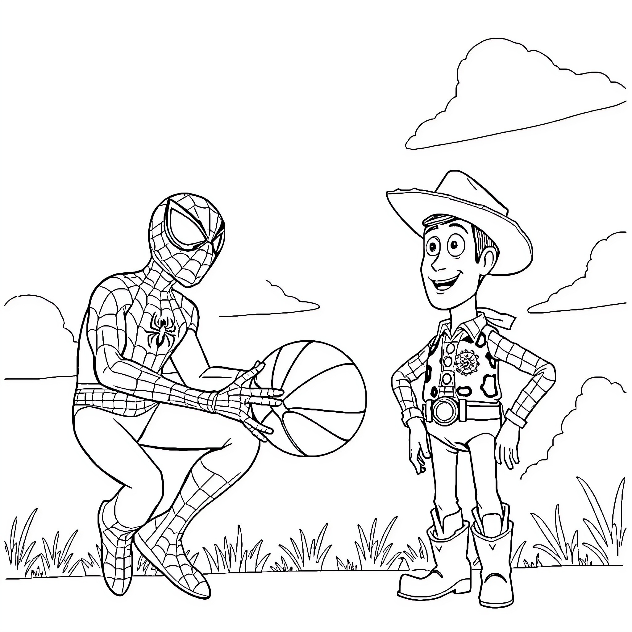 Spiderman and Cowboy Toy Bonding Outdoors Coloring Page (free black-and-white line drawing printable PDF for all, from beginners to advanced learners, including children, teens, adults, and seniors)