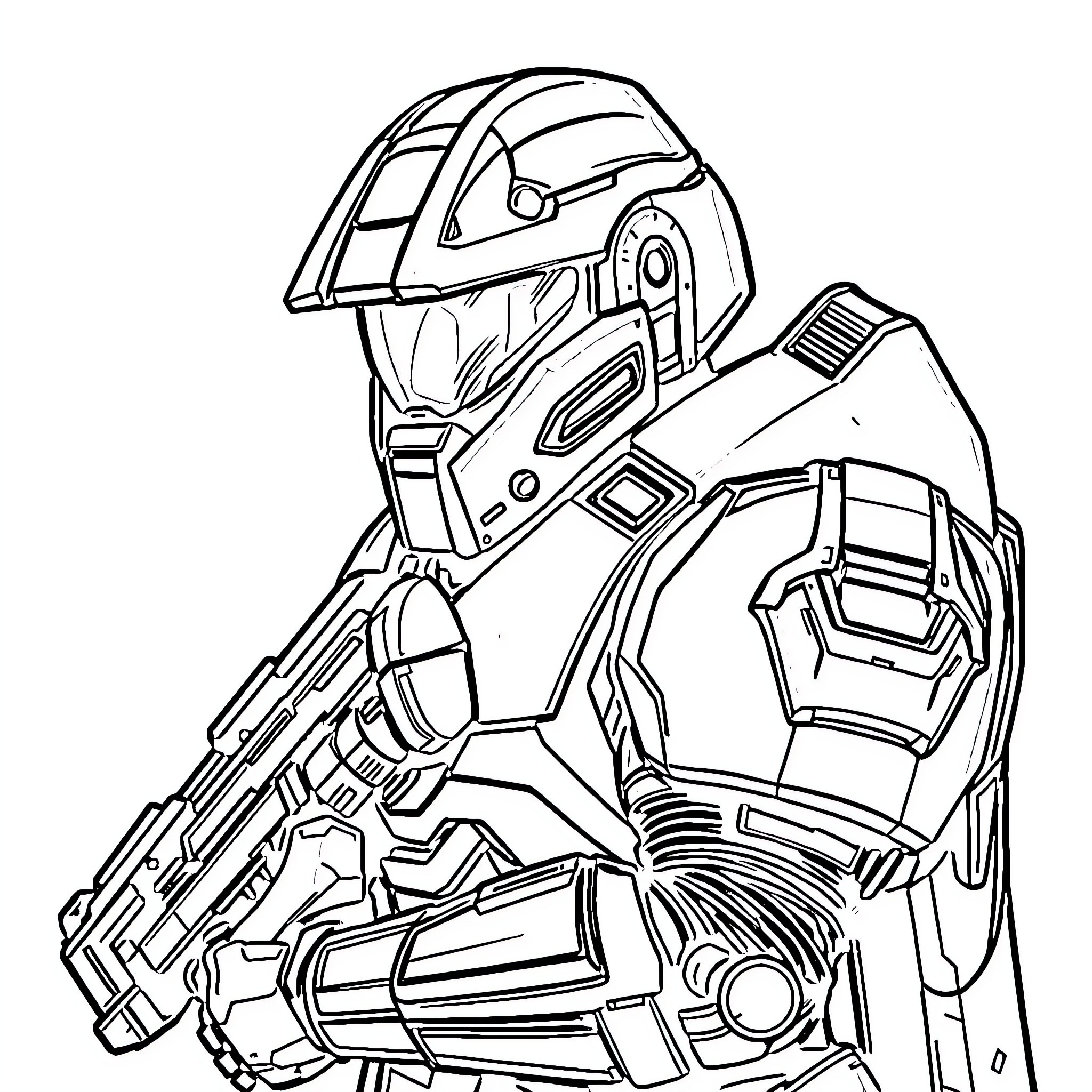 Halo Spartan in combat gear Coloring Page (free black-and-white line drawing printable PDF for all, from beginners to advanced learners, including children, teens, adults, and seniors)