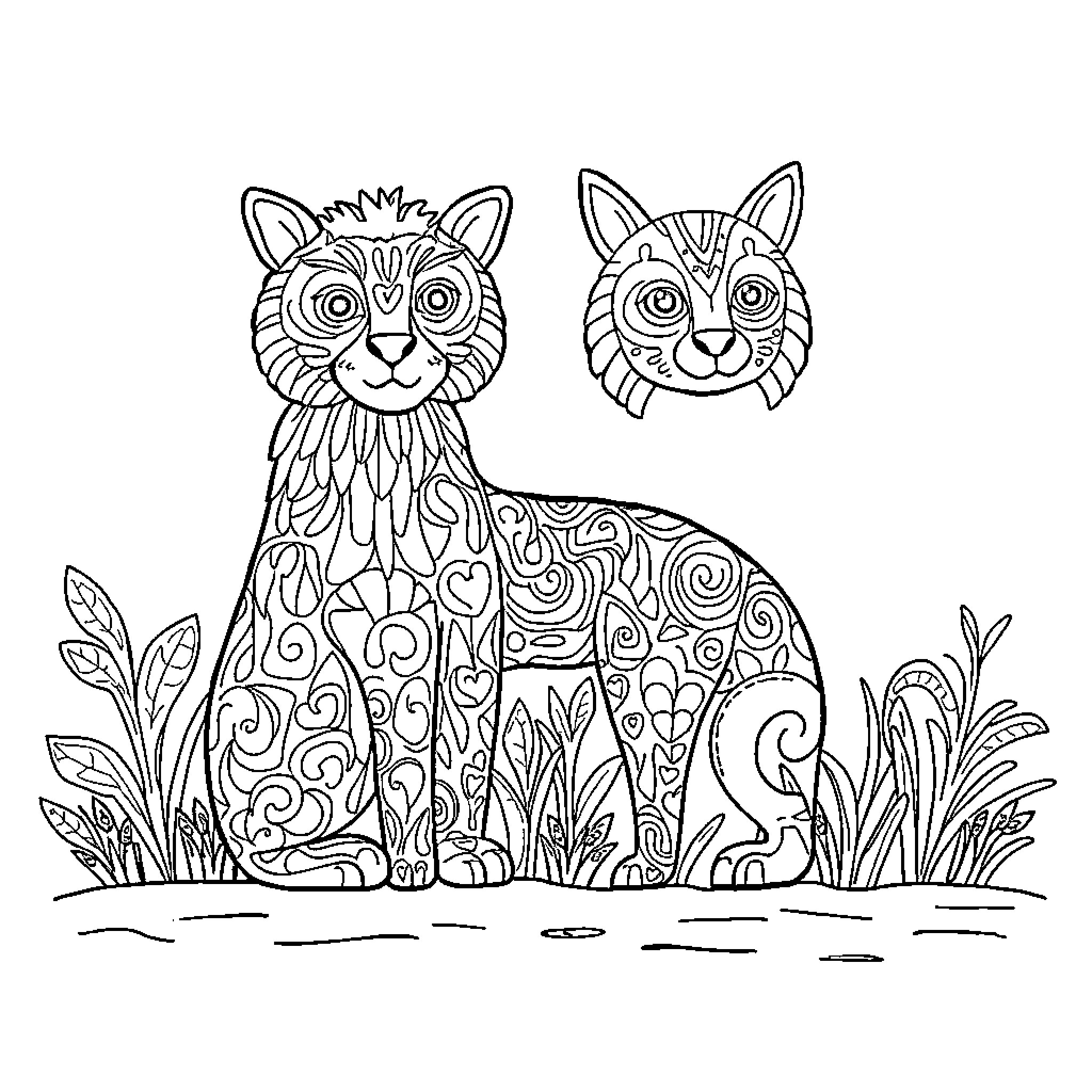 Animal designs of cats in nature Coloring Page (free black-and-white line drawing printable PDF for all, from beginners to advanced learners, including children, teens, adults, and seniors)