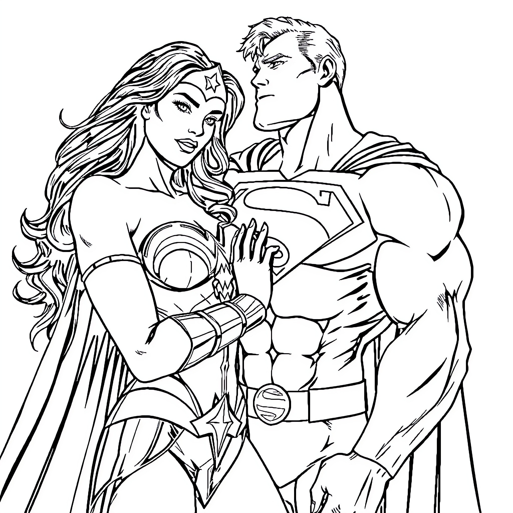 Wonder Woman and Superman embrace in a dramatic scene Coloring Page (free black-and-white line drawing printable PDF for all, from beginners to advanced learners, including children, teens, adults, and seniors)
