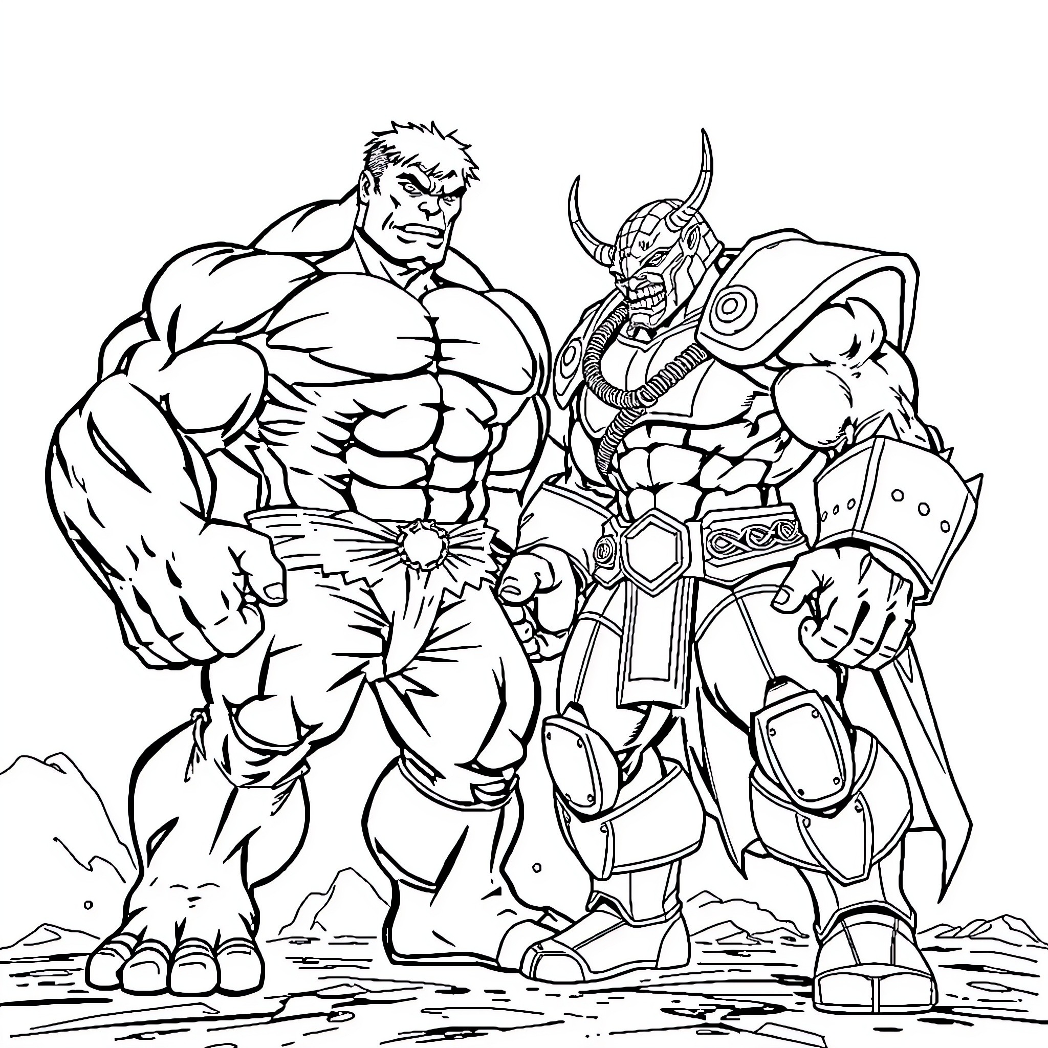 Hulk Battles Powerful Villain in Intense Confrontation Coloring Page (free black-and-white line drawing printable PDF for all, from beginners to advanced learners, including children, teens, adults, and seniors)