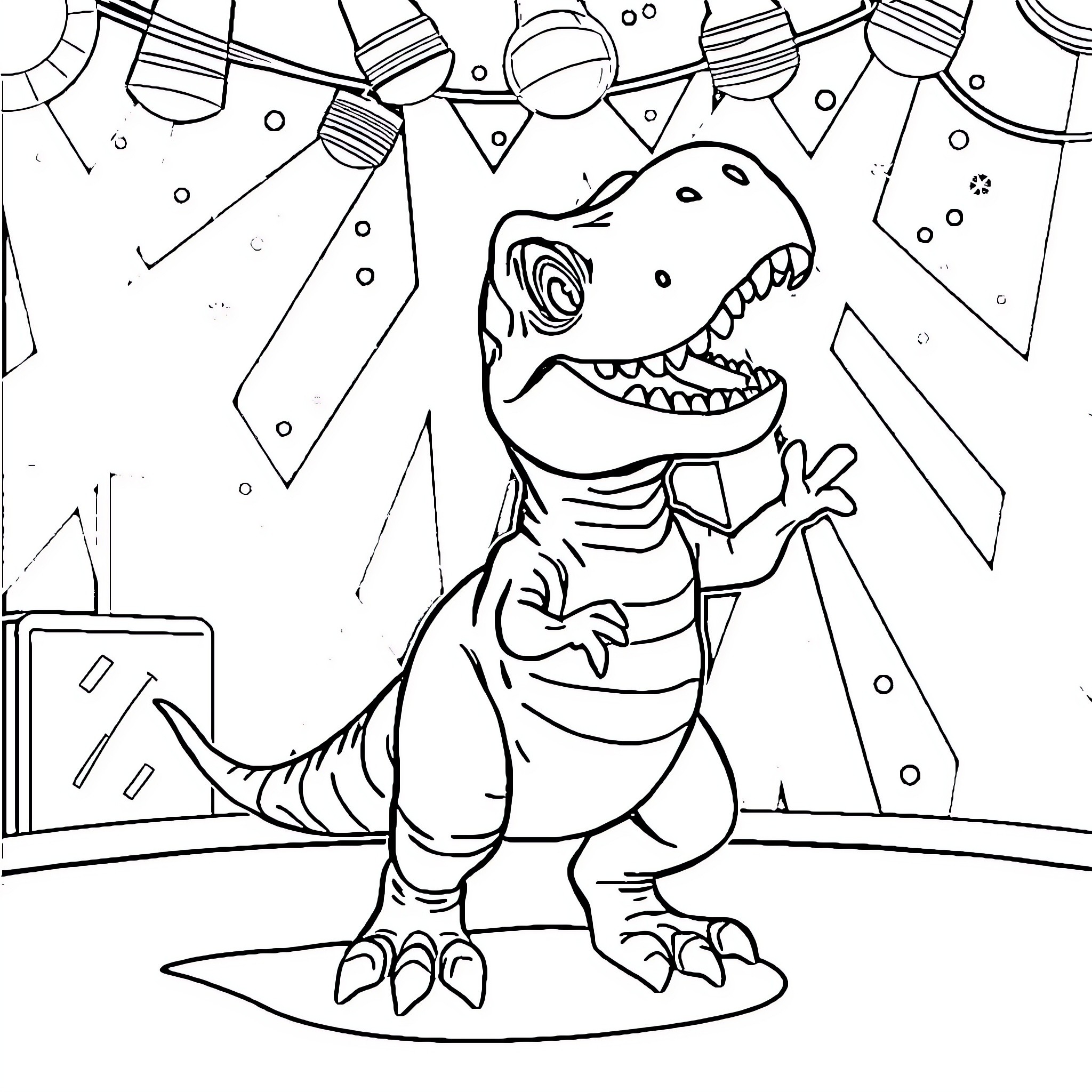 T-Rex Dinosaur Enjoys Colorful Geometric Shapes Coloring Page (free black-and-white line drawing printable PDF for all, from beginners to advanced learners, including children, teens, adults, and seniors)