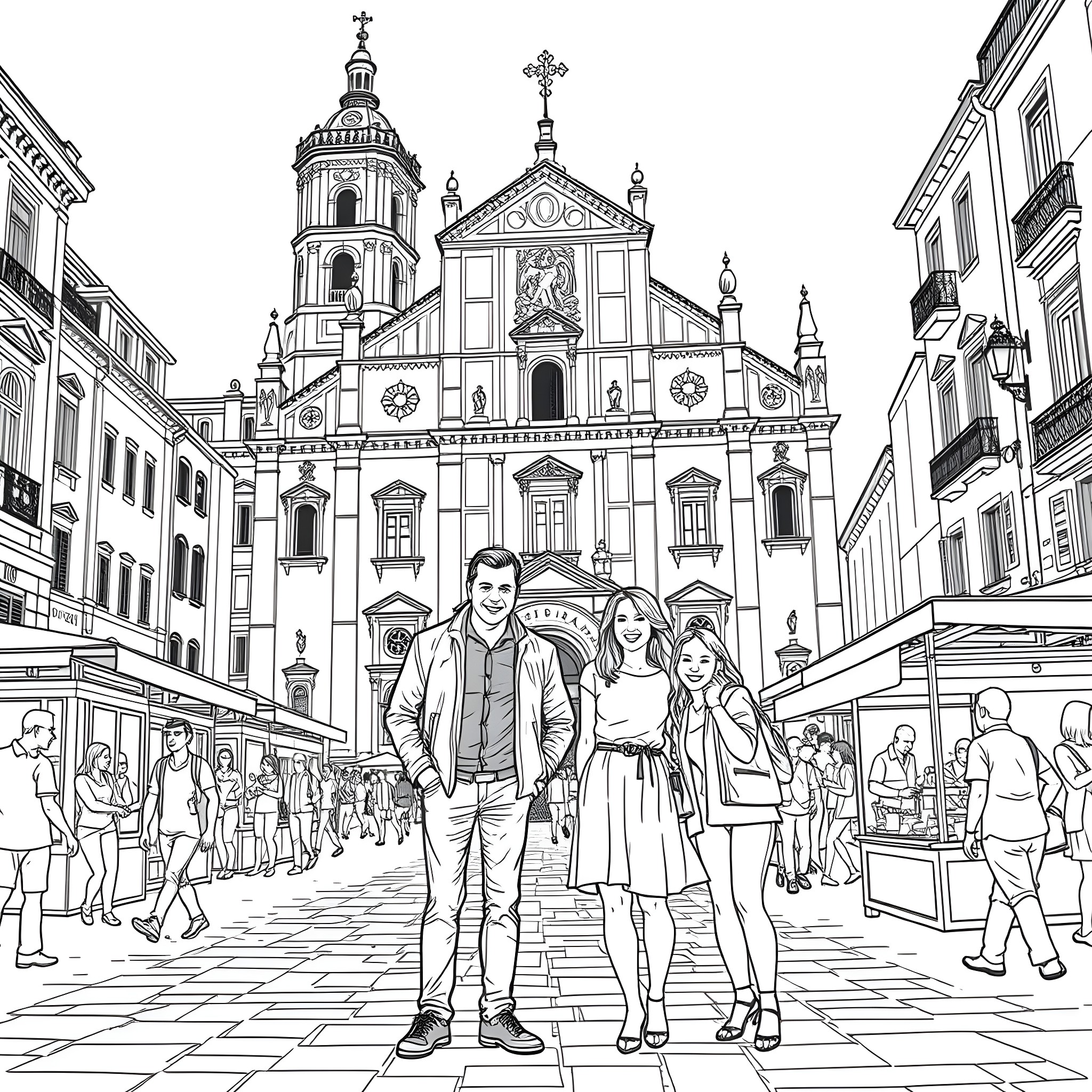 Man and woman strolling through a historic city square Coloring Page (free black-and-white line drawing printable PDF for all, from beginners to advanced learners, including children, teens, adults, and seniors)