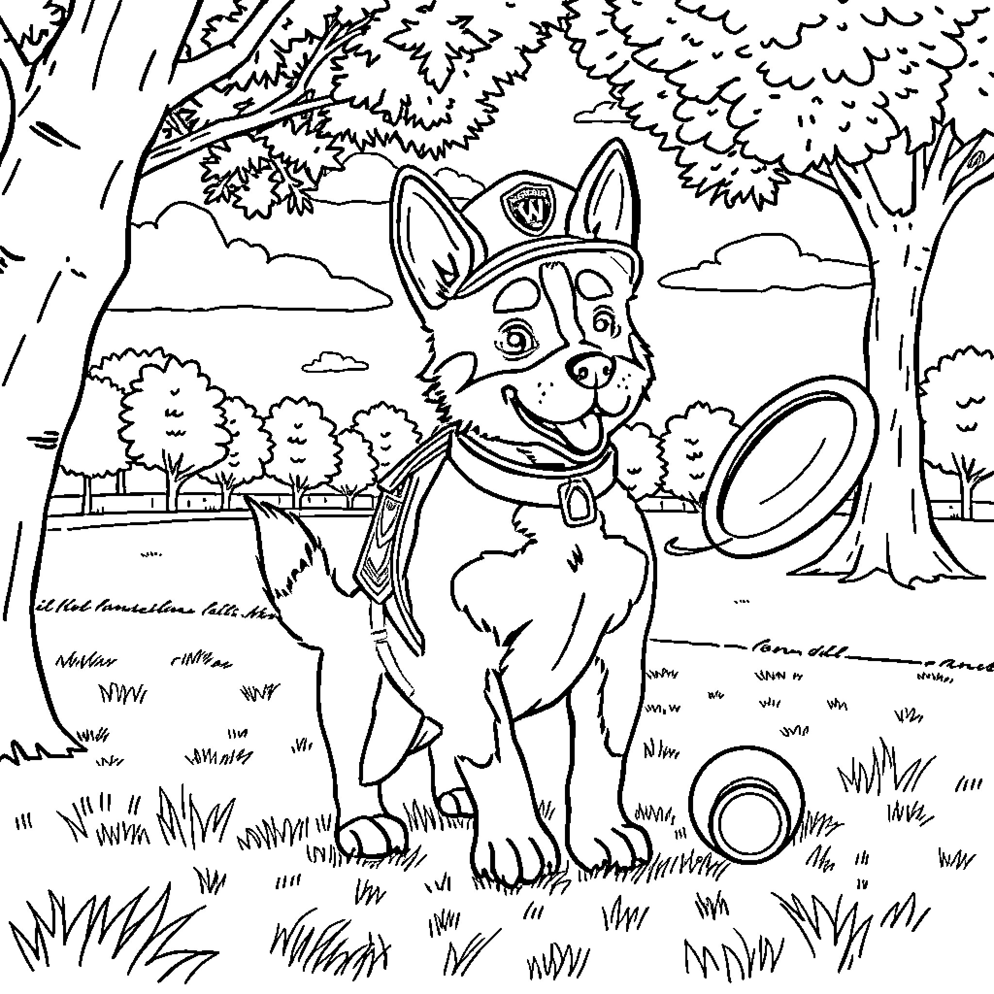 Paw Patrol character in the forest Coloring Page (free black-and-white line drawing printable PDF for all, from beginners to advanced learners, including children, teens, adults, and seniors)