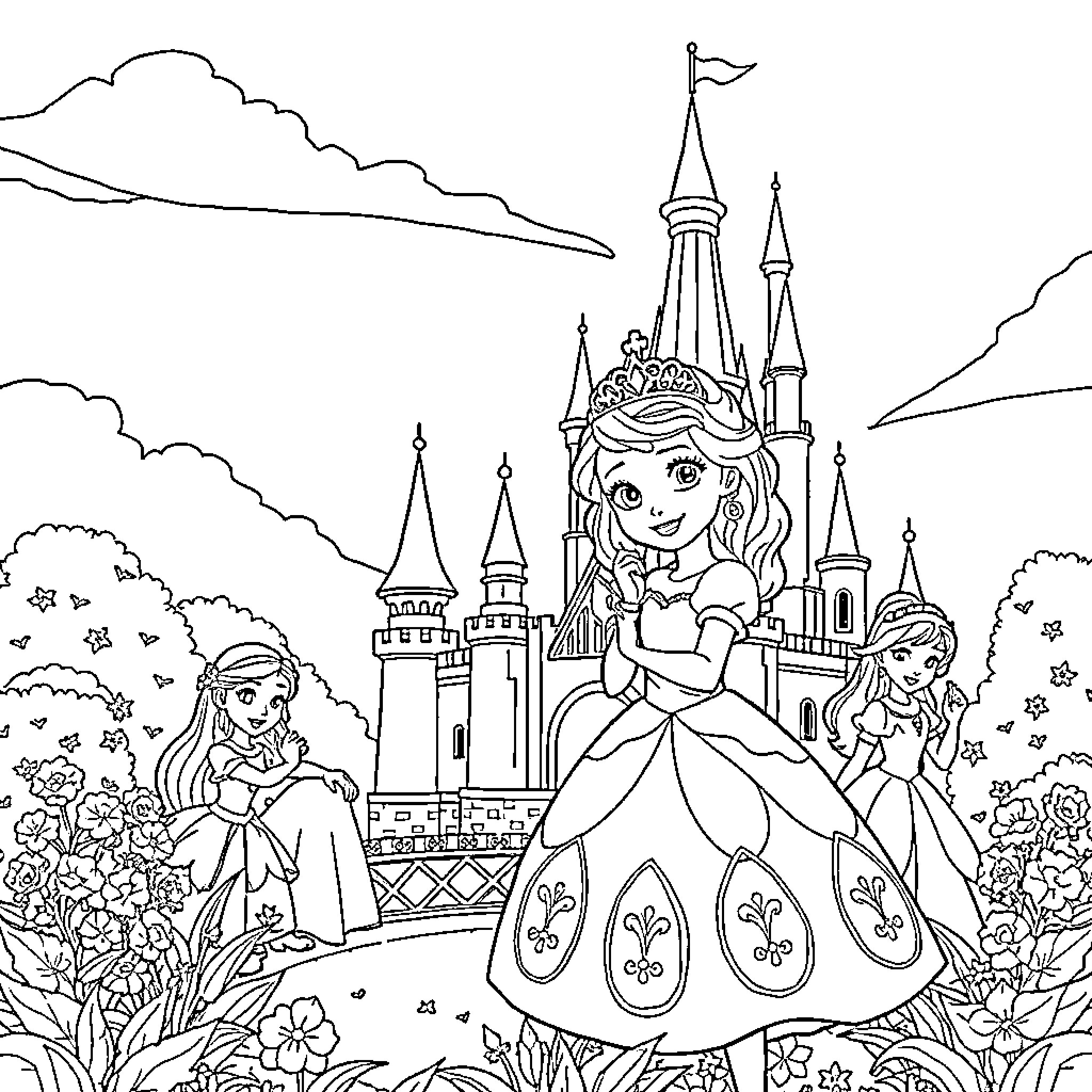 Sofia's Royal Adventure at the Palace Coloring Page (free black-and-white line drawing printable PDF for all, from beginners to advanced learners, including children, teens, adults, and seniors)