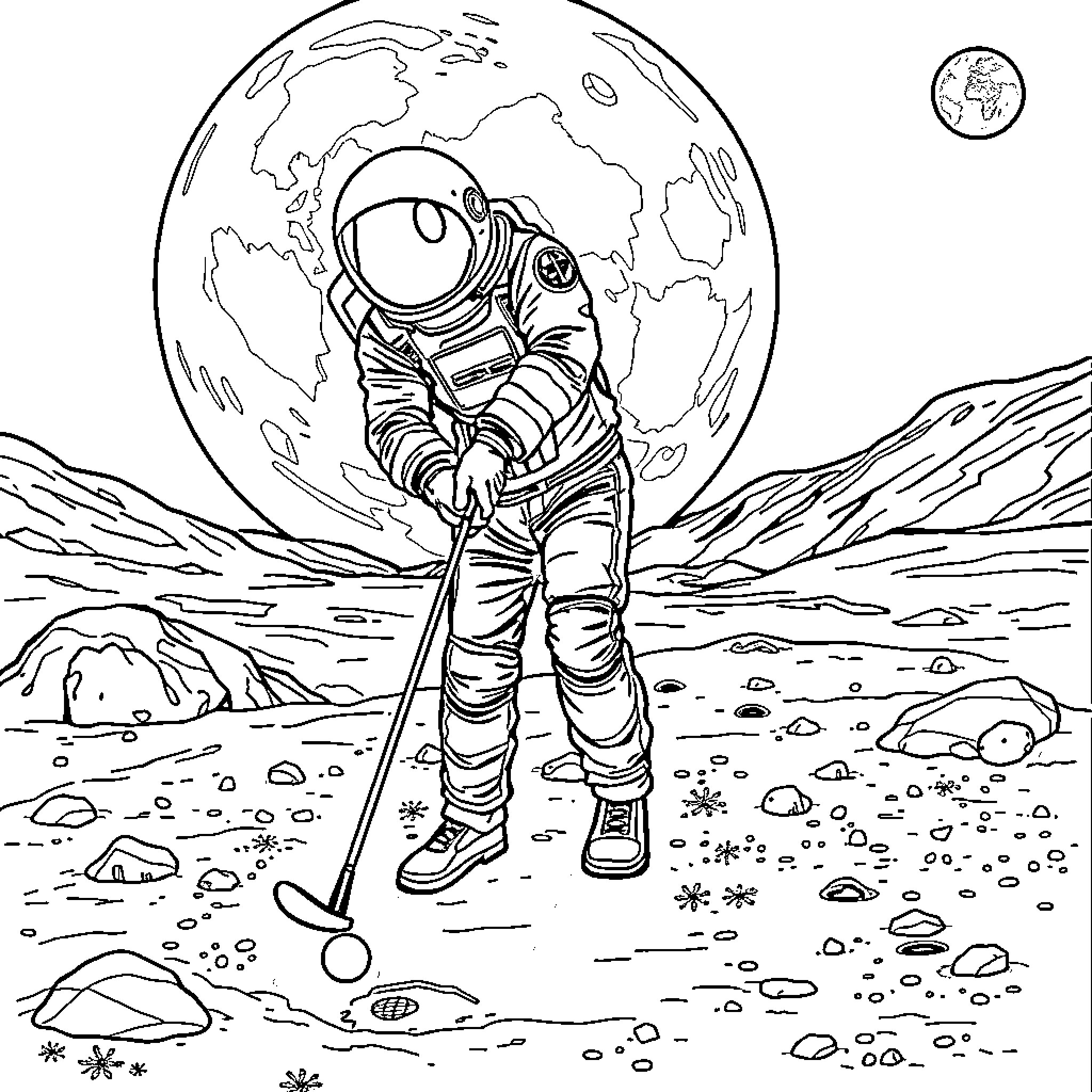 Spaceman exploring the lunar surface Coloring Page (free black-and-white line drawing printable PDF for all, from beginners to advanced learners, including children, teens, adults, and seniors)