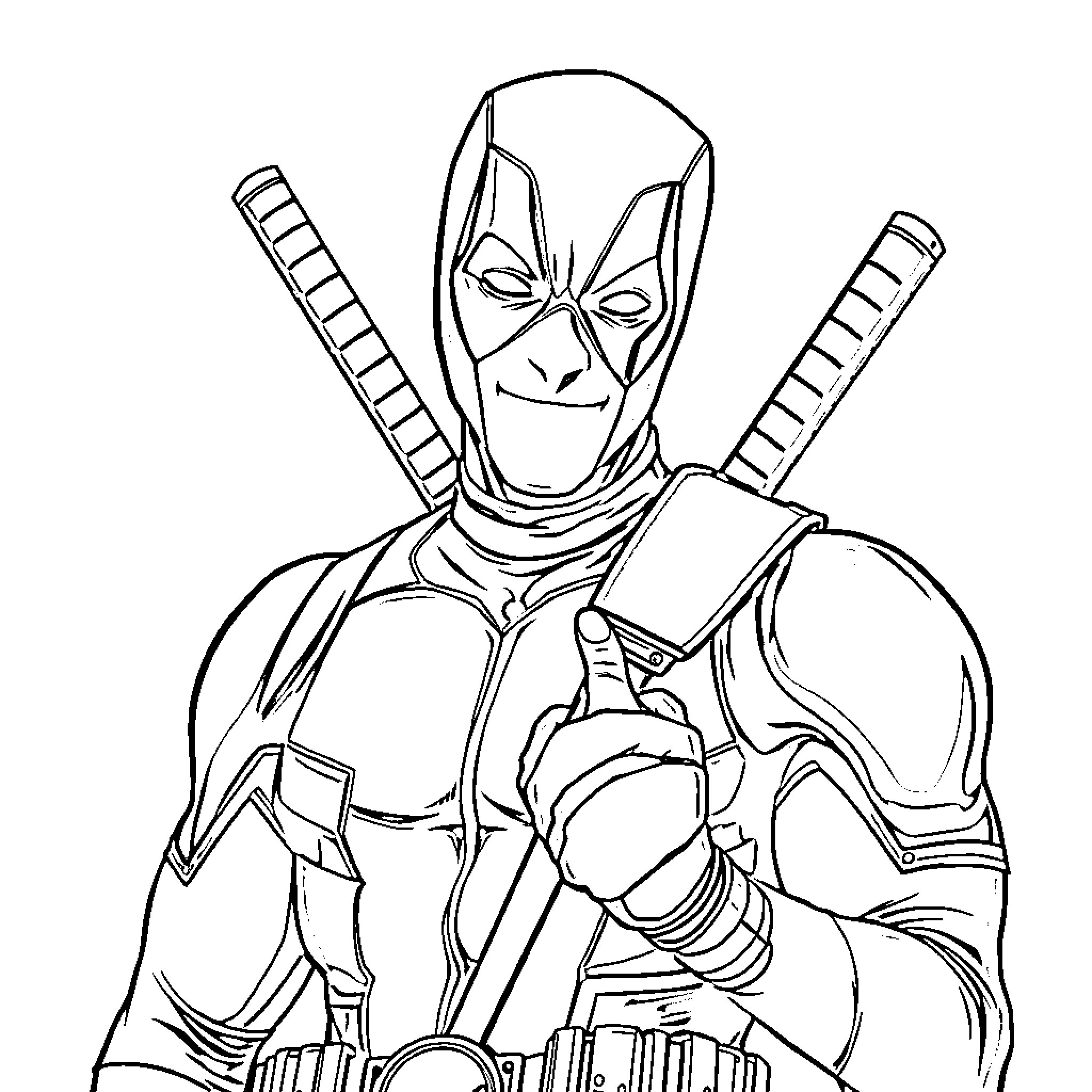 Deadpool wielding weapons with determined expression Coloring Page (free black-and-white line drawing printable PDF for all, from beginners to advanced learners, including children, teens, adults, and seniors)