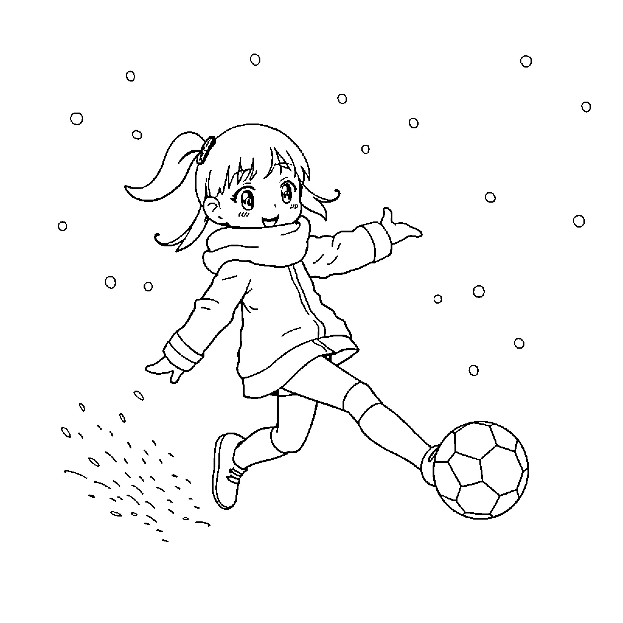 Kuromi playing soccer in the snow Coloring Page (free black-and-white line drawing printable PDF for all, from beginners to advanced learners, including children, teens, adults, and seniors)