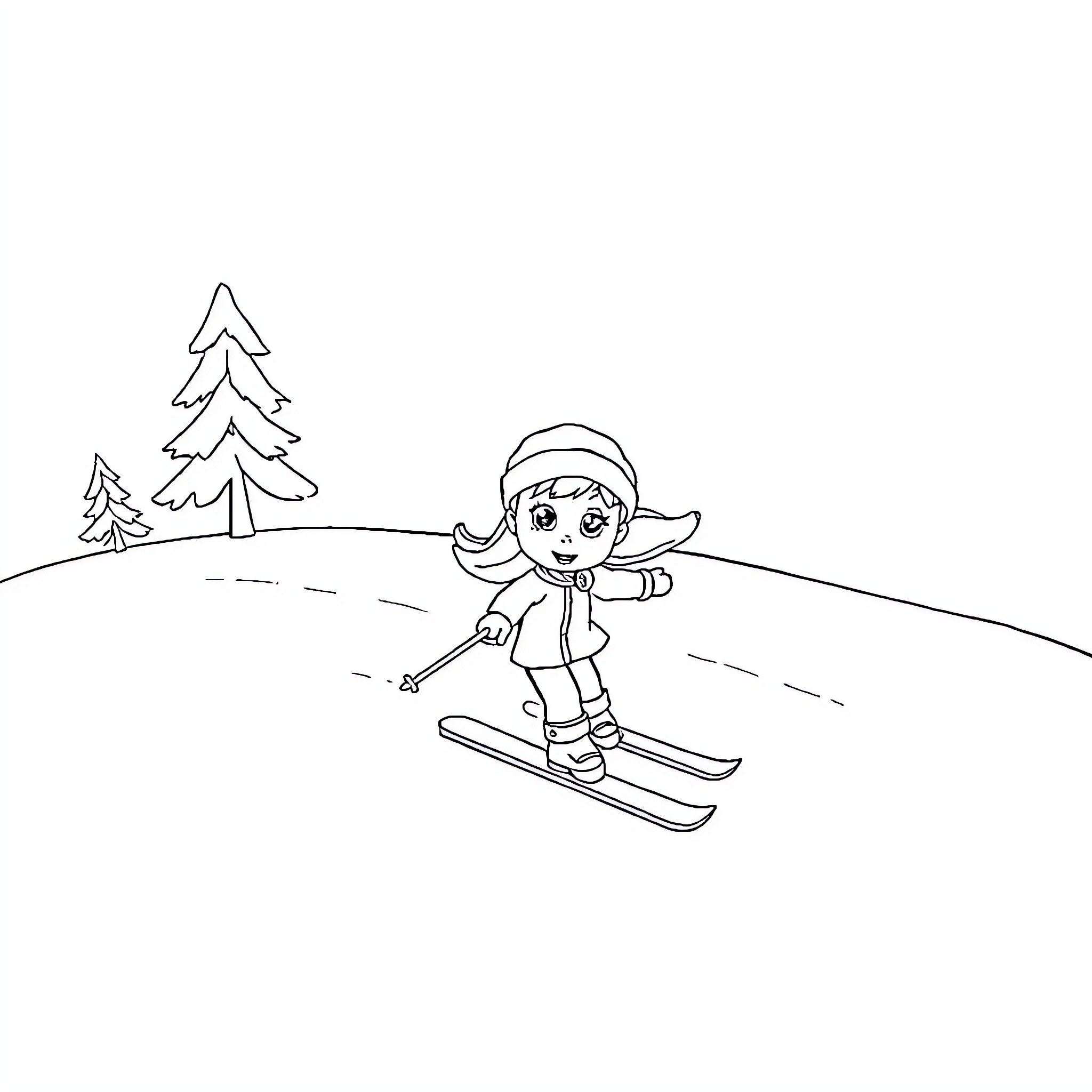 Gabby skiing happily on the snowy slopes Coloring Page (free black-and-white line drawing printable PDF for all, from beginners to advanced learners, including children, teens, adults, and seniors)
