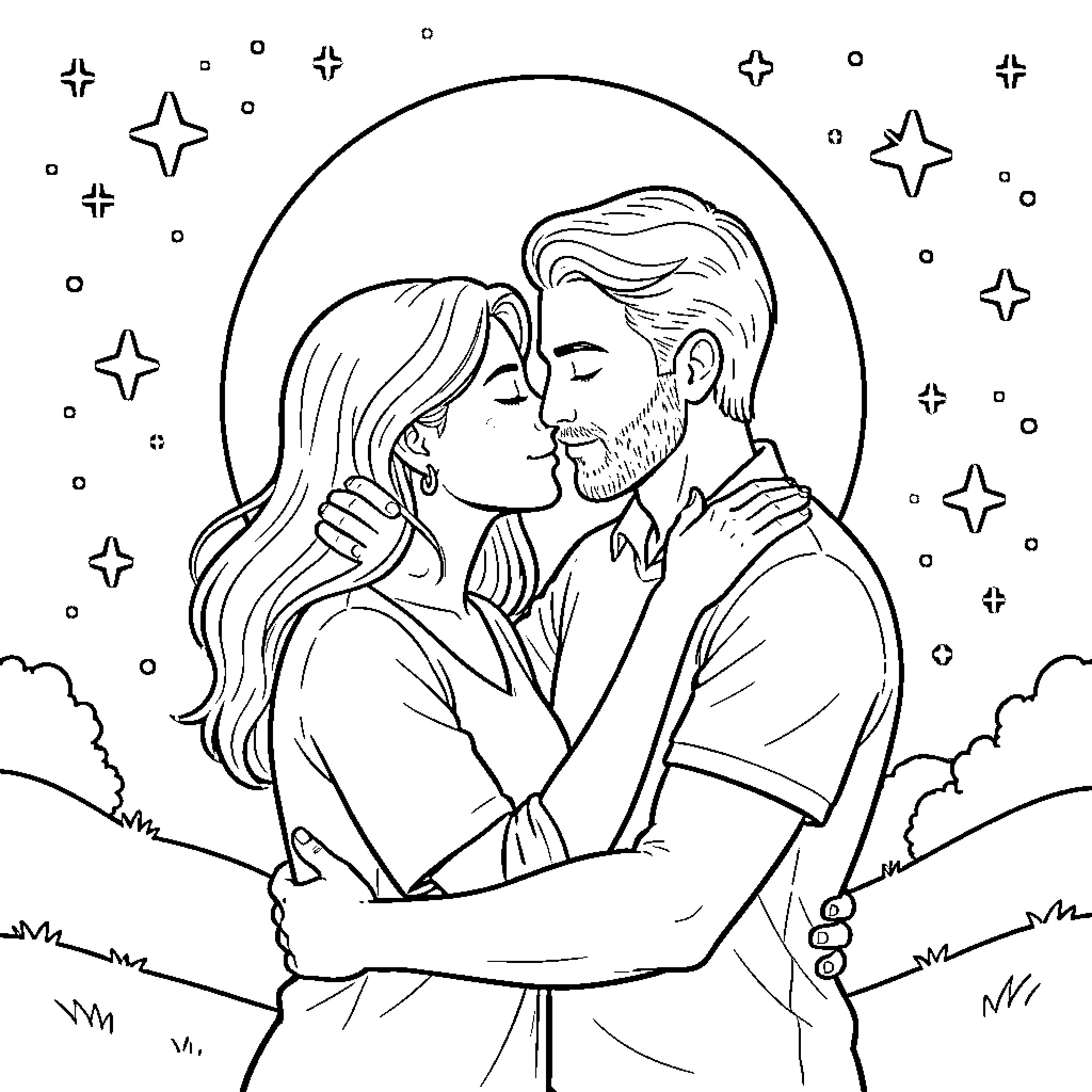 Couple embracing lovingly under the stars Coloring Page (free black-and-white line drawing printable PDF for all, from beginners to advanced learners, including children, teens, adults, and seniors)