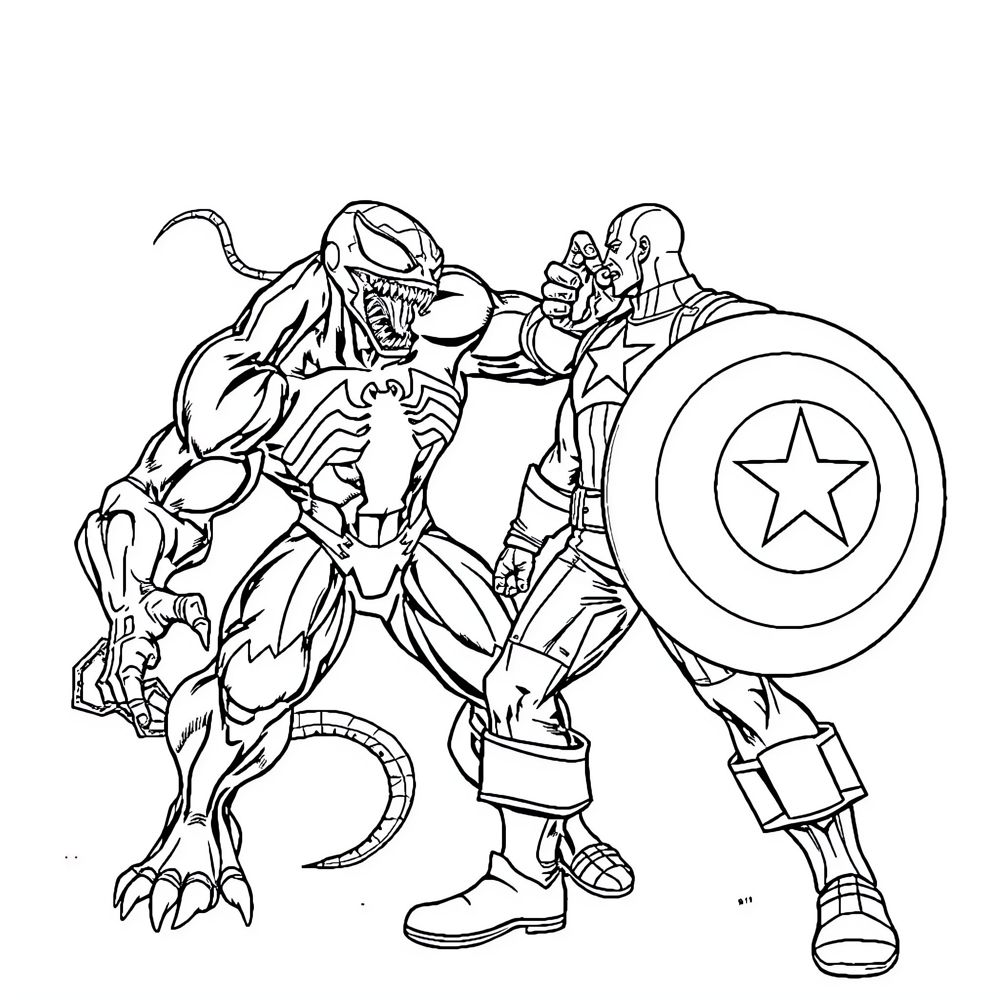 Venom confronting Captain America in action scene Coloring Page (free black-and-white line drawing printable PDF for all, from beginners to advanced learners, including children, teens, adults, and seniors)