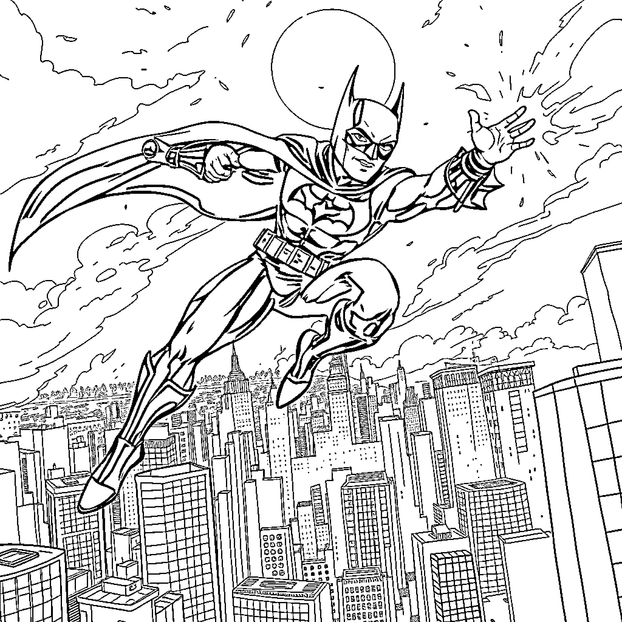 Tung Tung Sahur: Heroic Superhero Soaring Through the City Coloring Page (free black-and-white line drawing printable PDF for all, from beginners to advanced learners, including children, teens, adults, and seniors)