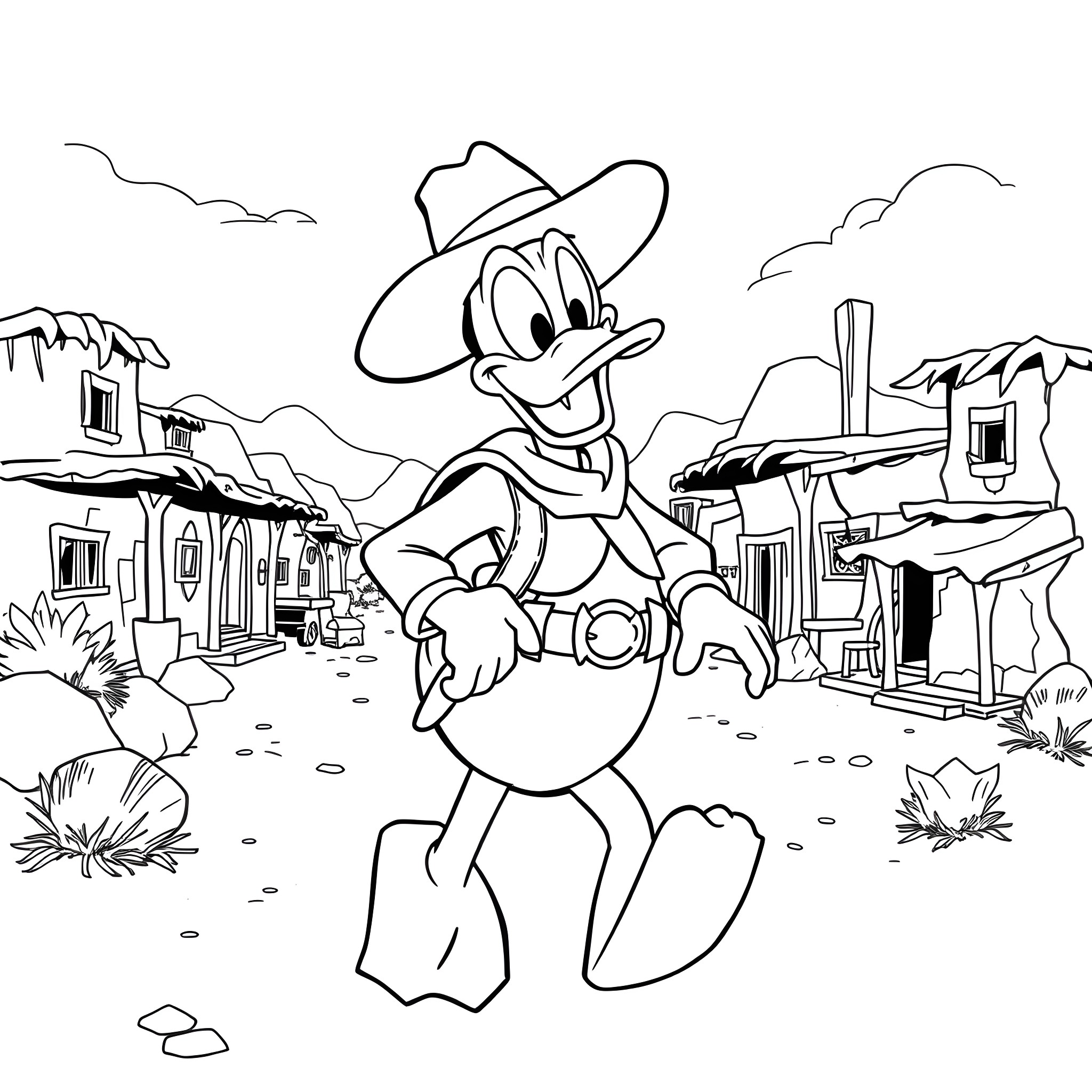 Donald Duck exploring the Wild West town Coloring Page (free black-and-white line drawing printable PDF for all, from beginners to advanced learners, including children, teens, adults, and seniors)
