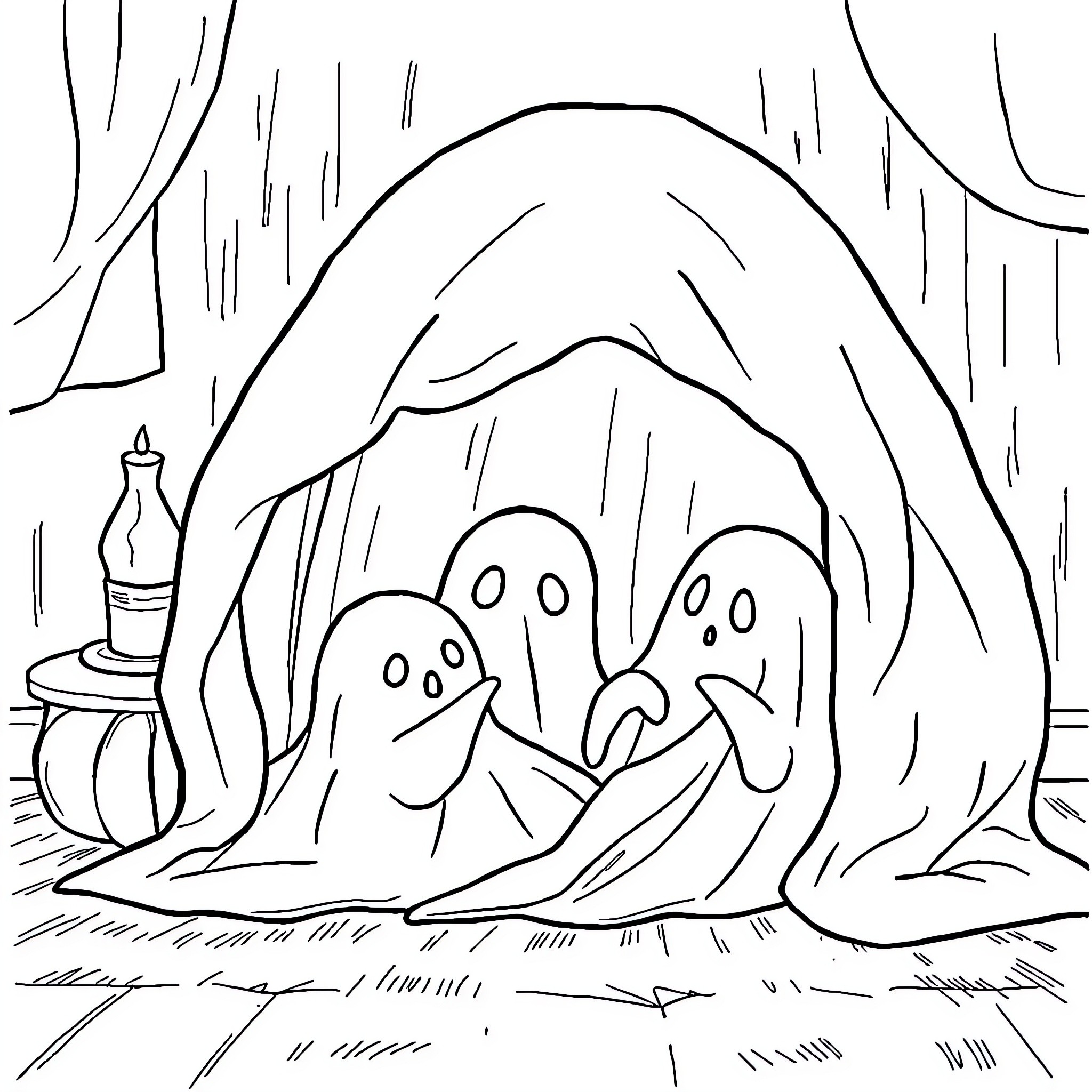 Ghost figures huddled in a dark, mysterious scene Coloring Page (free black-and-white line drawing printable PDF for all, from beginners to advanced learners, including children, teens, adults, and seniors)