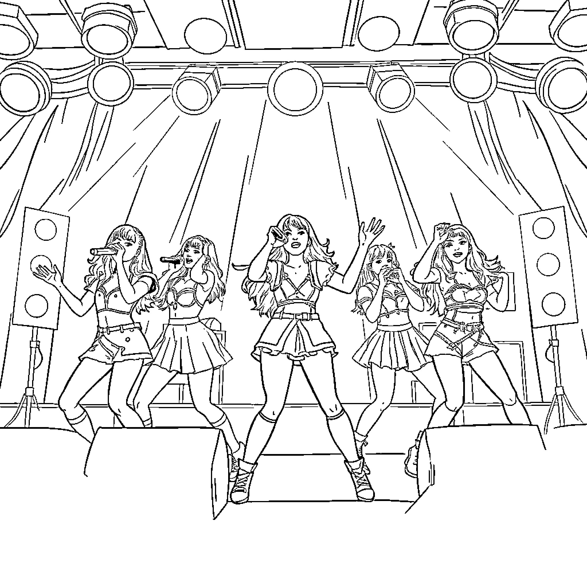 Guerrera Group Performance on Stage Coloring Page (free black-and-white line drawing printable PDF for all, from beginners to advanced learners, including children, teens, adults, and seniors)