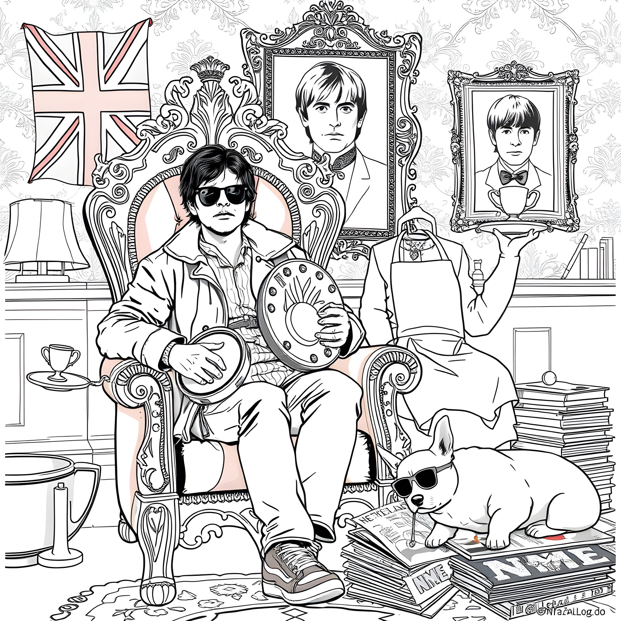 Liam Gallagher's Eclectic Rock Star Lifestyle Coloring Page (free black-and-white line drawing printable PDF for all, from beginners to advanced learners, including children, teens, adults, and seniors)