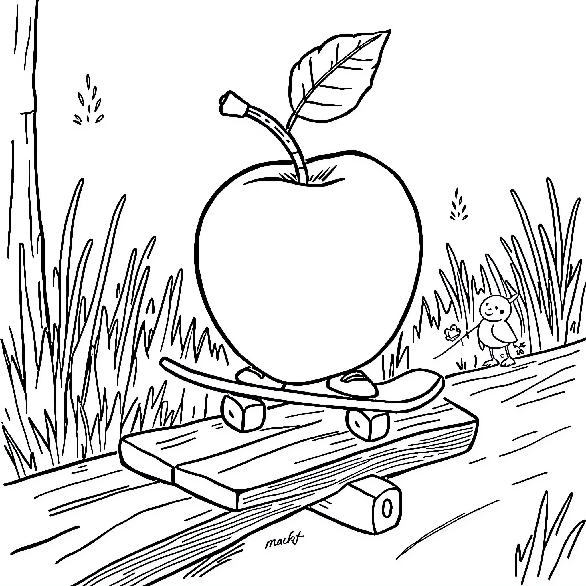 Skateboarding Apple on Wooden Path Coloring Page (free black-and-white line drawing printable PDF for all, from beginners to advanced learners, including children, teens, adults, and seniors)