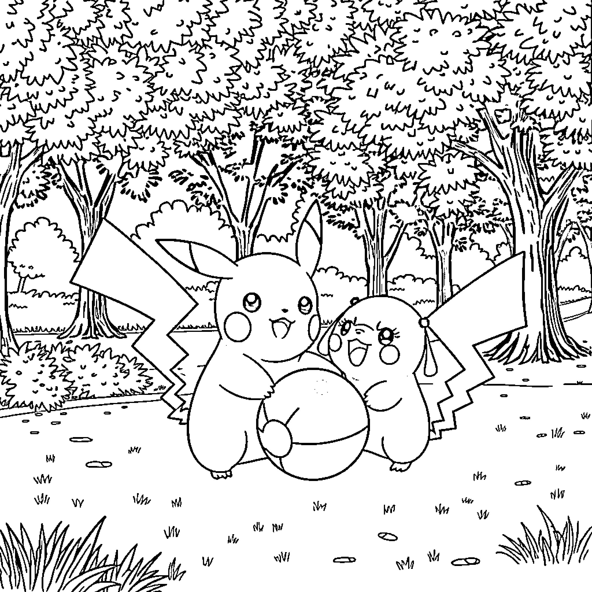Pikachu and Pals Explore the Enchanting Forest Coloring Page (free black-and-white line drawing printable PDF for all, from beginners to advanced learners, including children, teens, adults, and seniors)