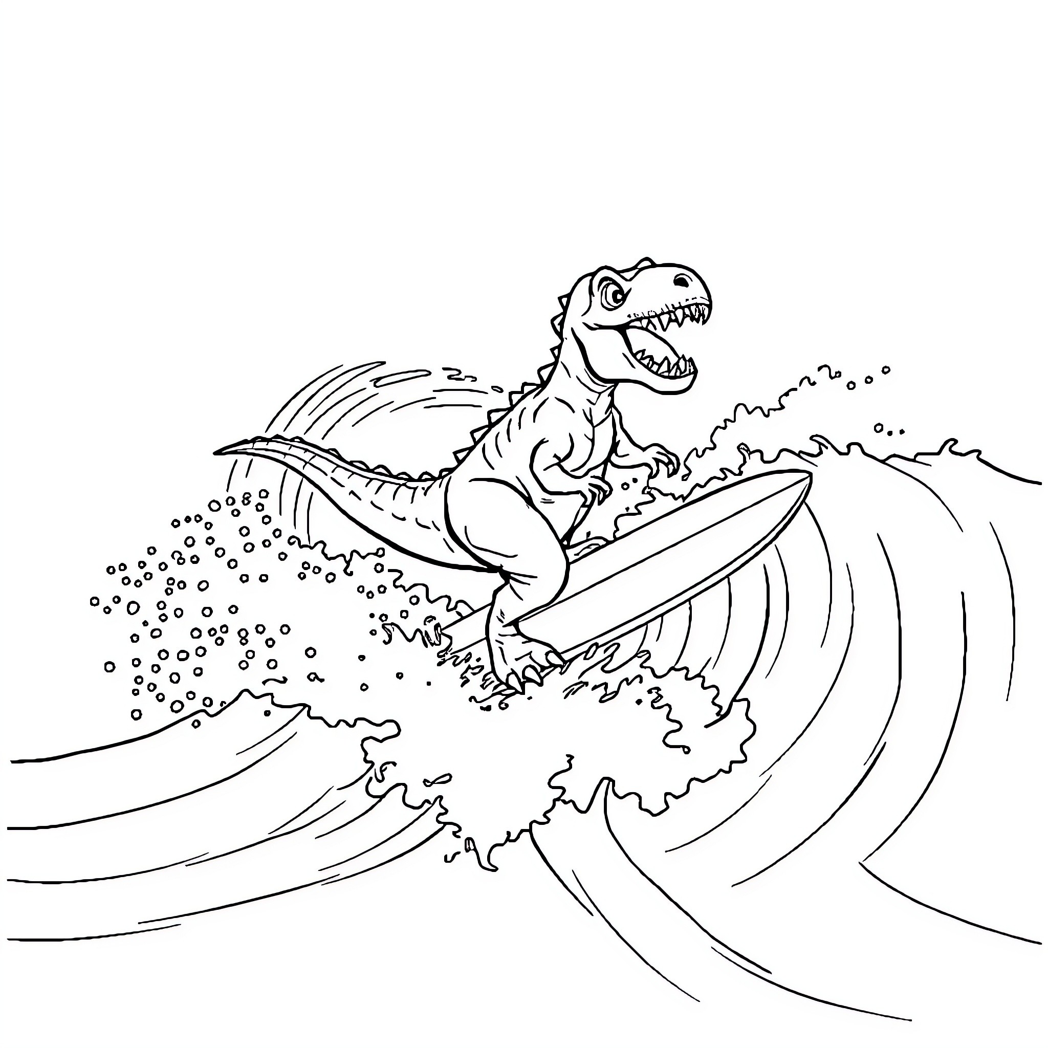 Dinosaur surfing the waves Coloring Page (free black-and-white line drawing printable PDF for all, from beginners to advanced learners, including children, teens, adults, and seniors)