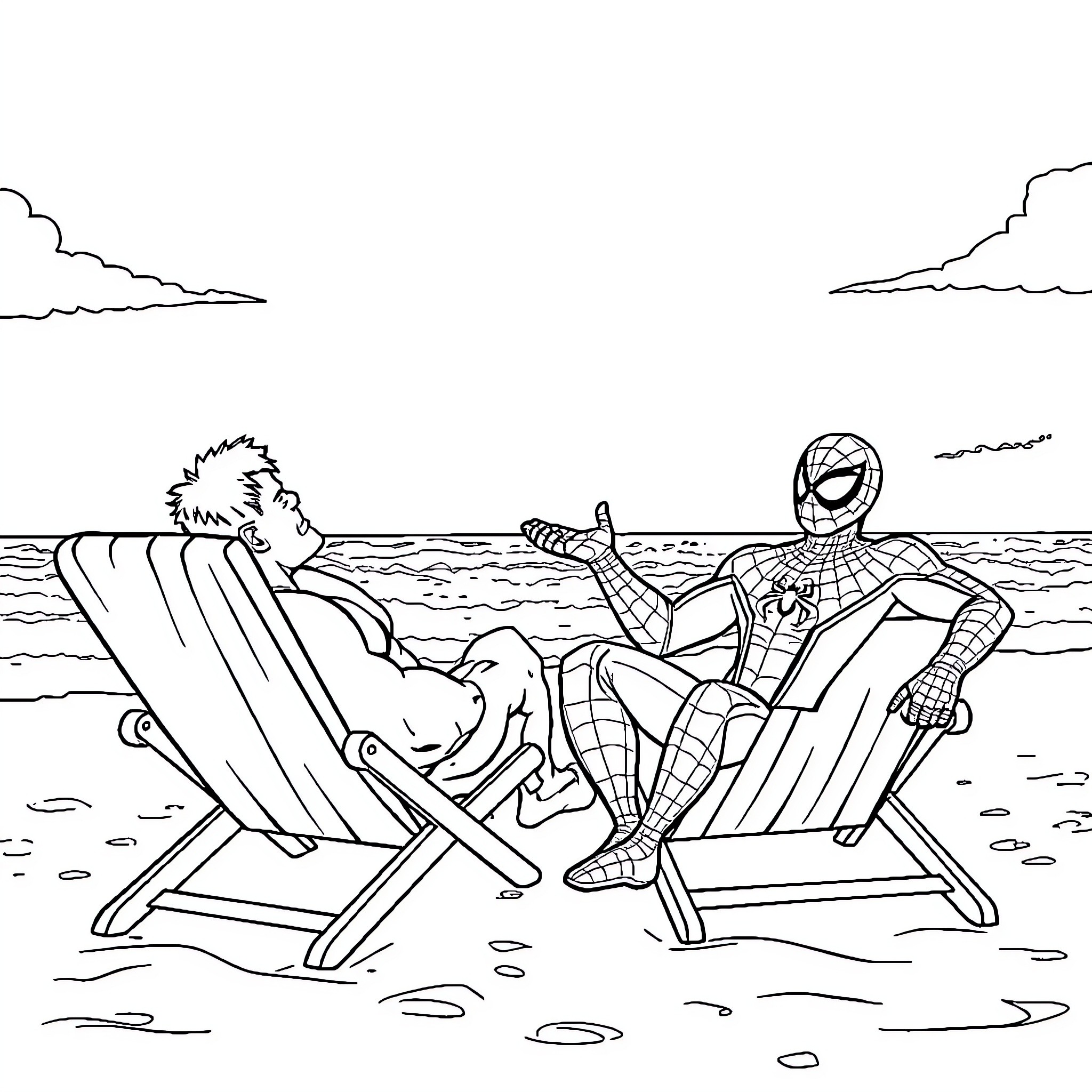Hulk and Spider-Man relax on the beach Coloring Page (free black-and-white line drawing printable PDF for all, from beginners to advanced learners, including children, teens, adults, and seniors)