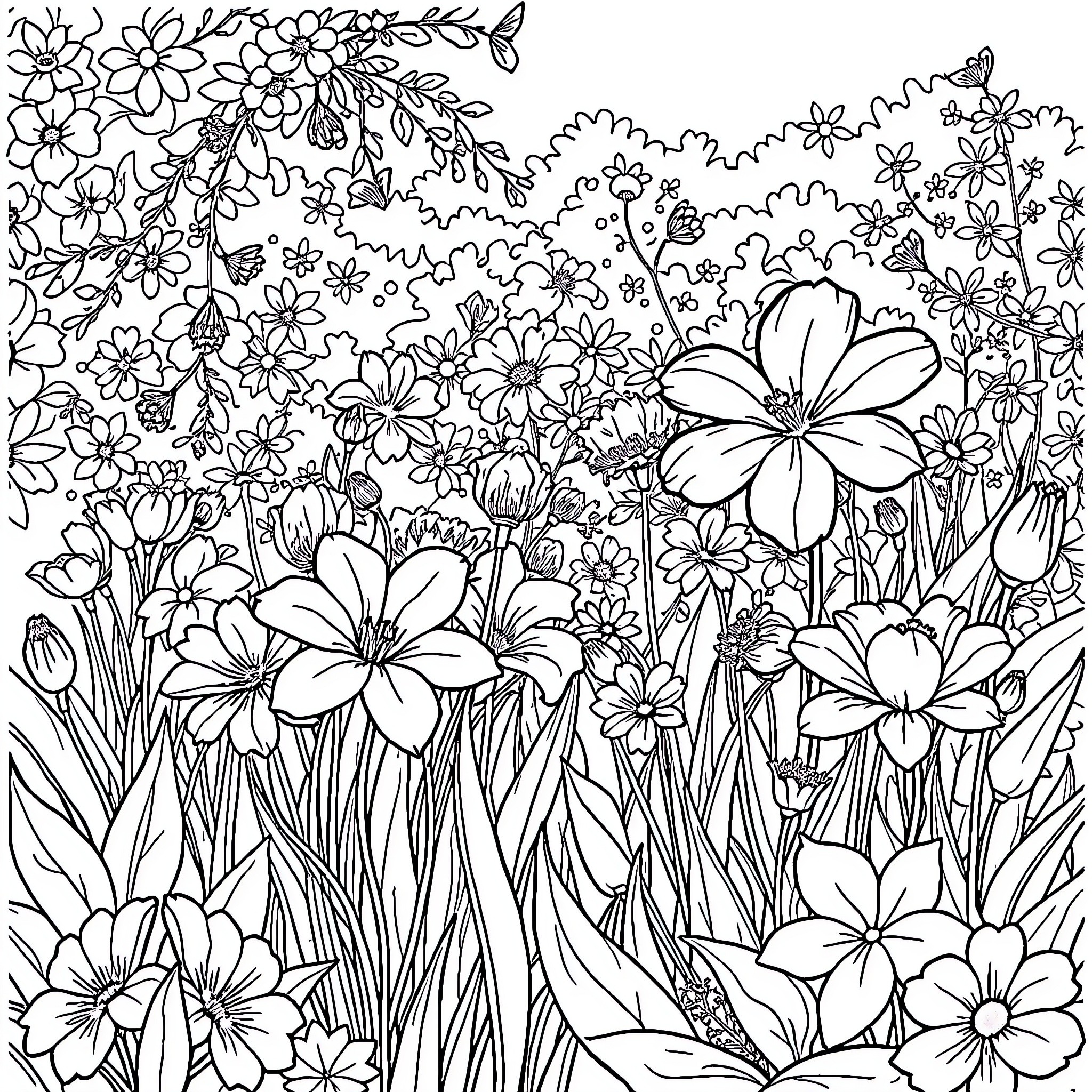 Flower Garden with Blooming Flowers Coloring Page (free black-and-white line drawing printable PDF for all, from beginners to advanced learners, including children, teens, adults, and seniors)