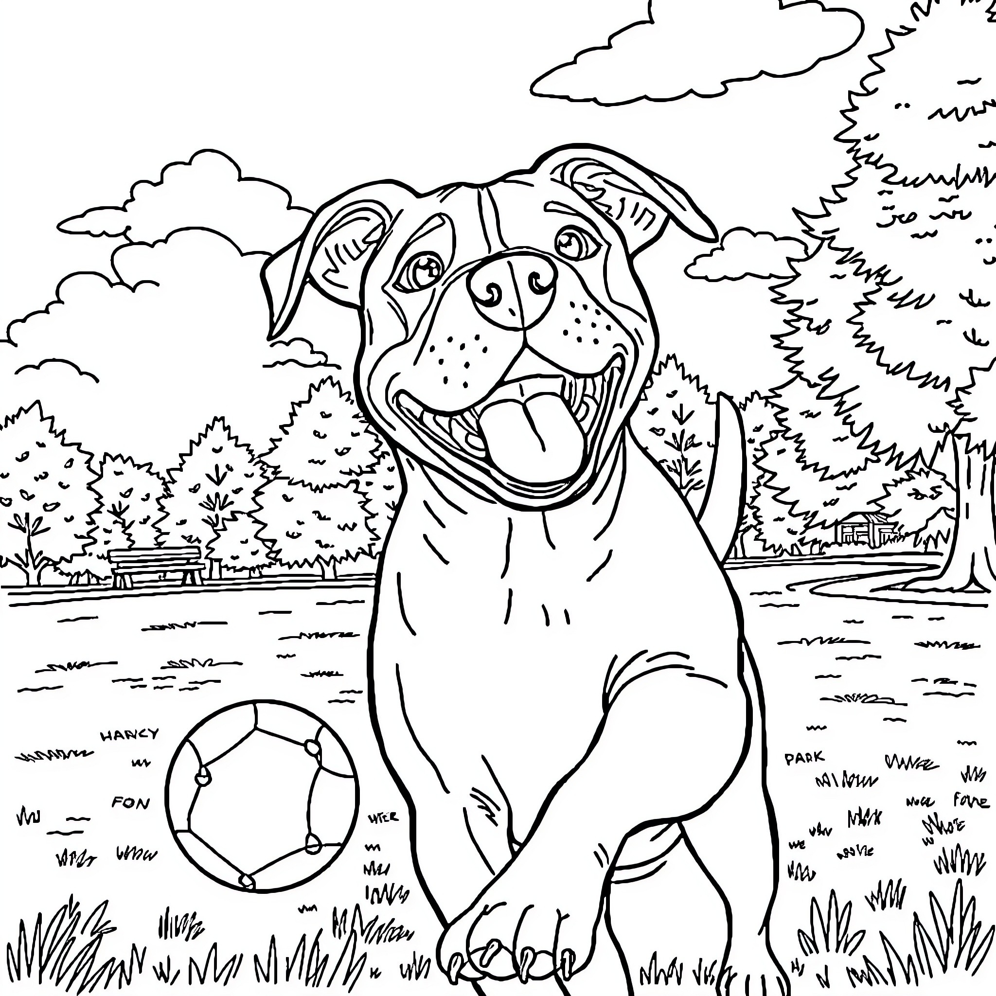 Dog happily playing with ball in outdoor park Coloring Page (free black-and-white line drawing printable PDF for all, from beginners to advanced learners, including children, teens, adults, and seniors)