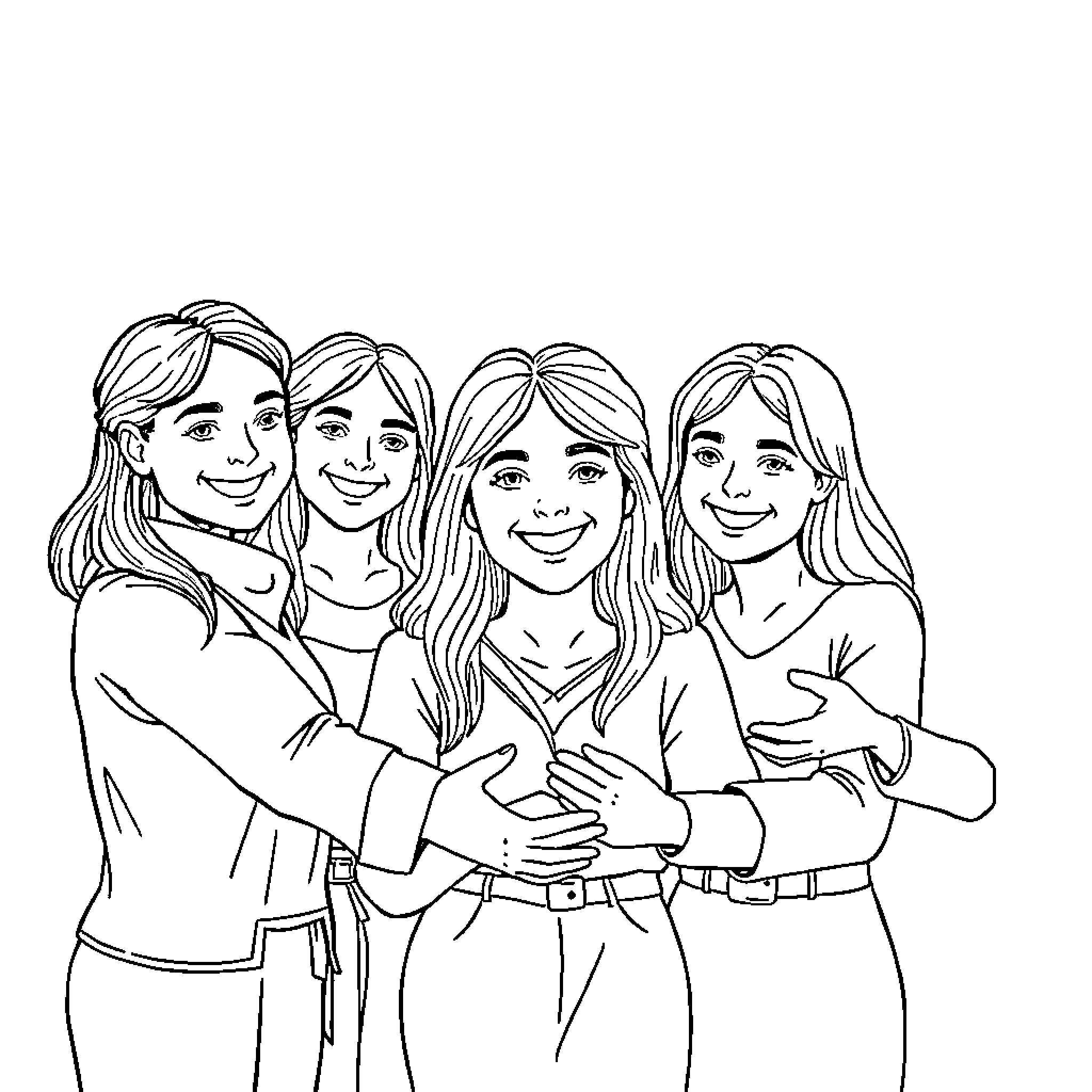 Person with friends posing together happily Coloring Page (free black-and-white line drawing printable PDF for all, from beginners to advanced learners, including children, teens, adults, and seniors)