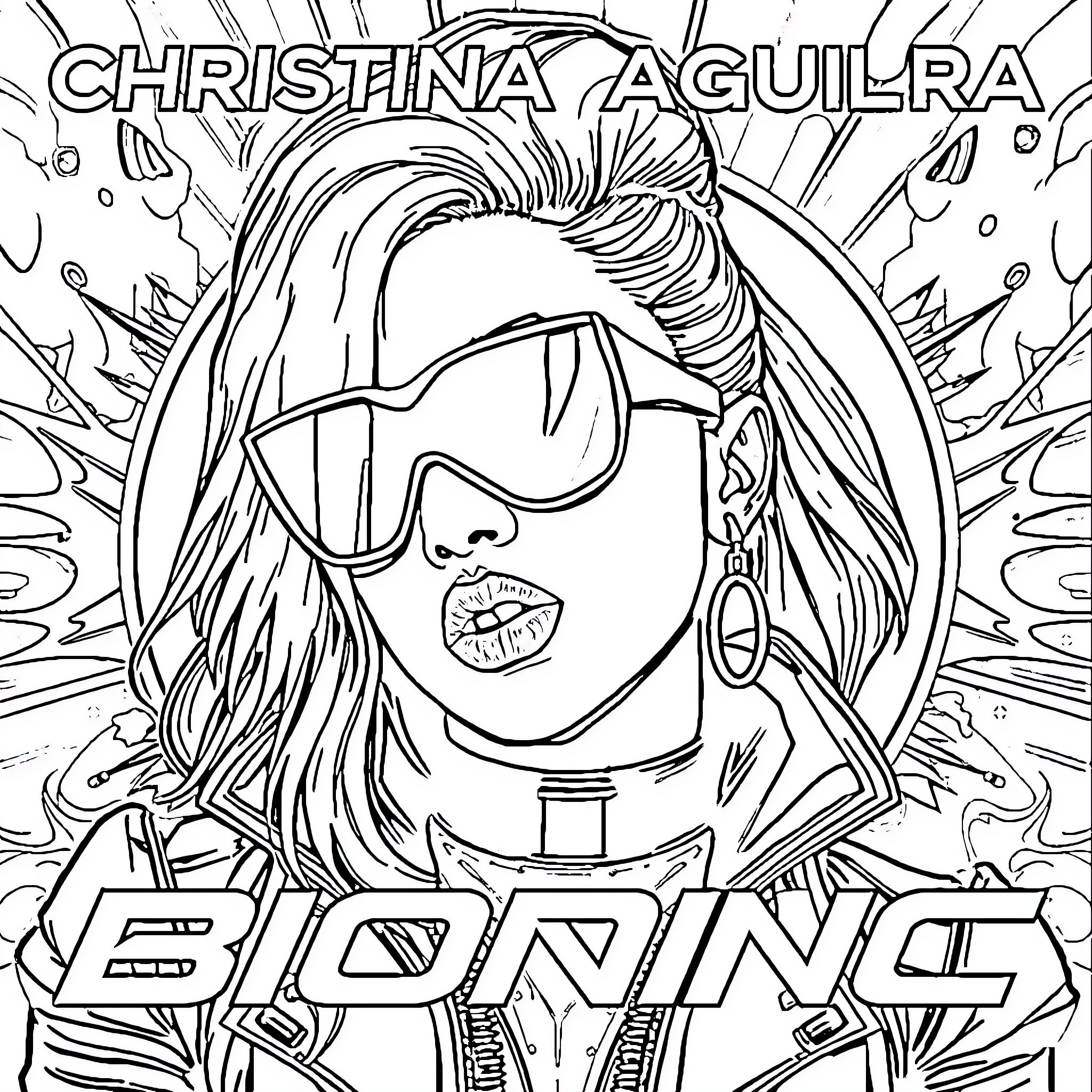 Christina Aguilera's Explosive Performance Coloring Page (free black-and-white line drawing printable PDF for all, from beginners to advanced learners, including children, teens, adults, and seniors)