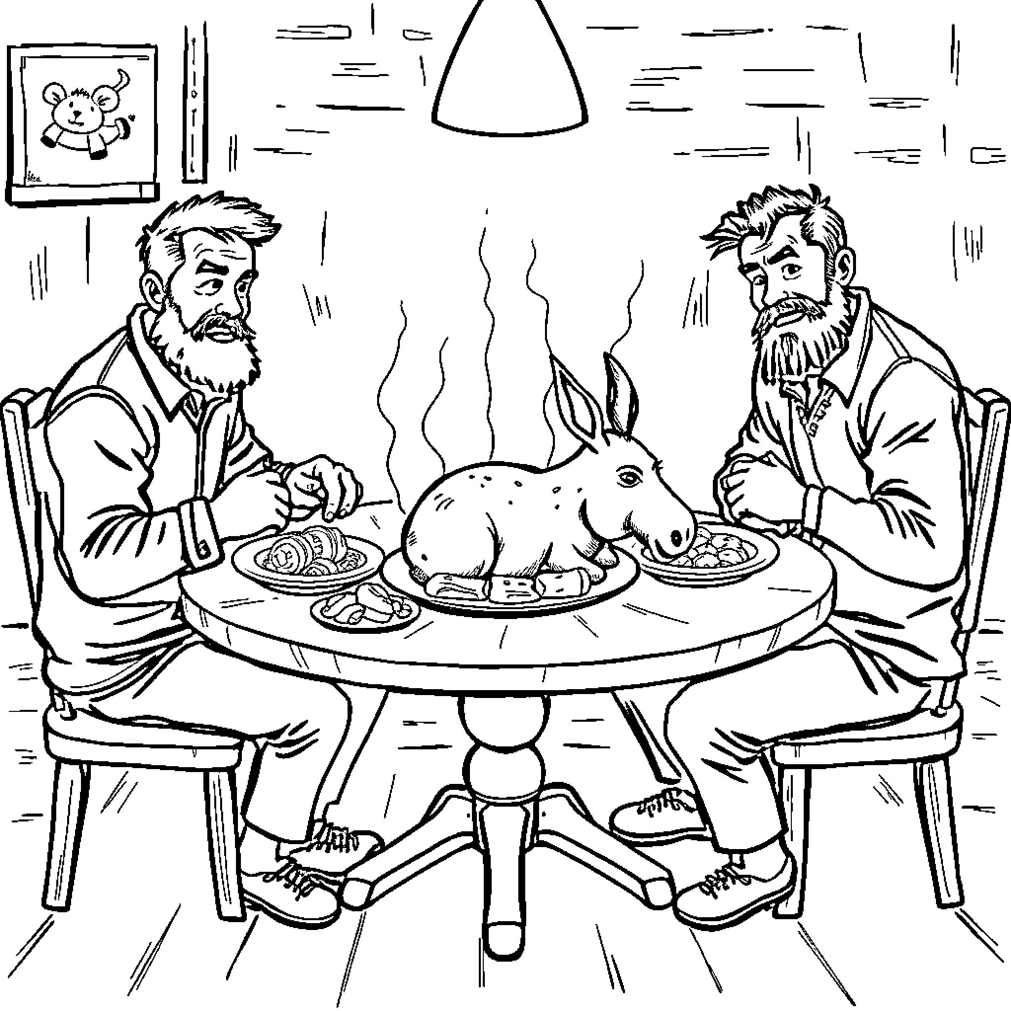 Guys enjoying a hearty meal together Coloring Page (free black-and-white line drawing printable PDF for all, from beginners to advanced learners, including children, teens, adults, and seniors)