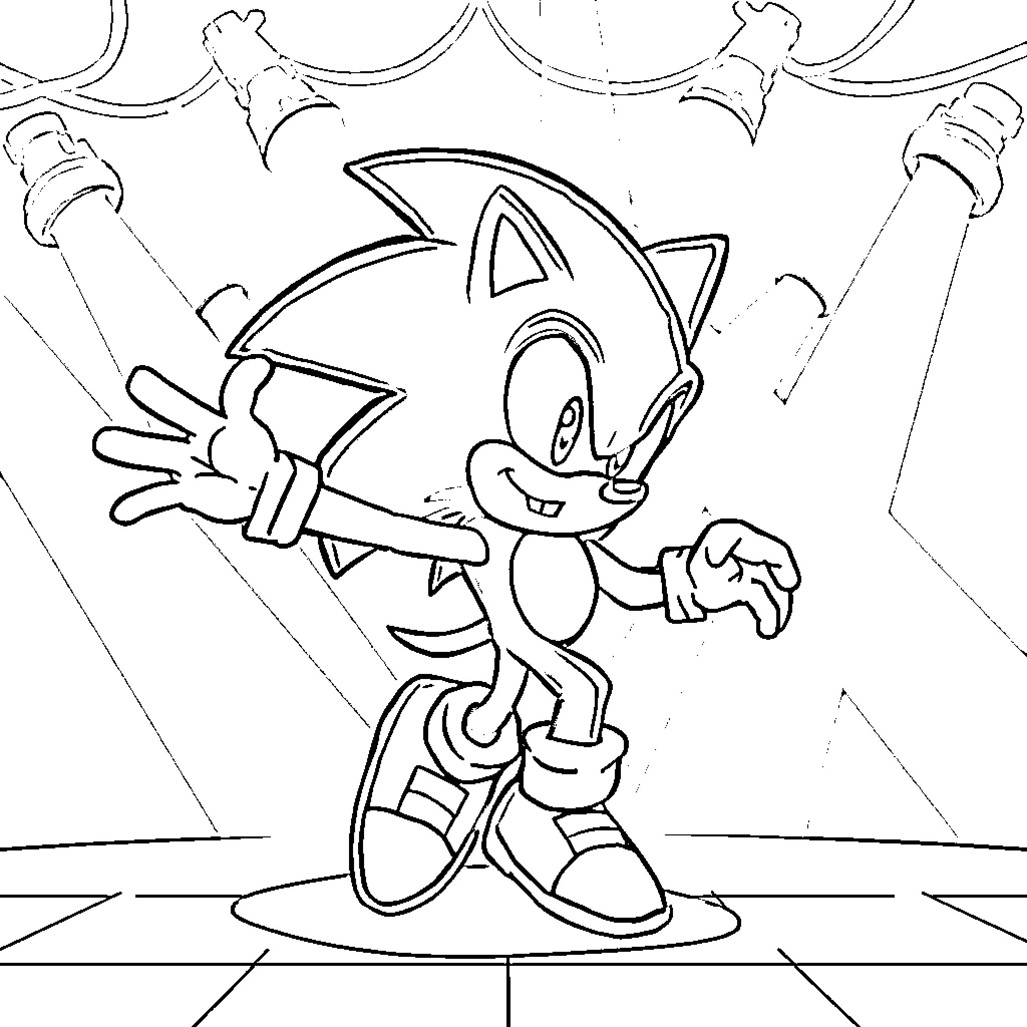 Sonic the Hedgehog running and jumping in action Coloring Page (free black-and-white line drawing printable PDF for all, from beginners to advanced learners, including children, teens, adults, and seniors)