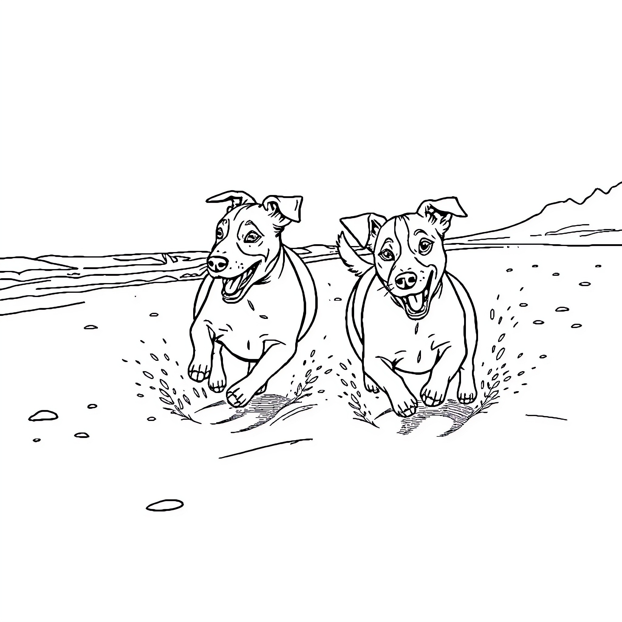 Jack Russell Terriers Happily Running on the Beach Coloring Page (free black-and-white line drawing printable PDF for all, from beginners to advanced learners, including children, teens, adults, and seniors)