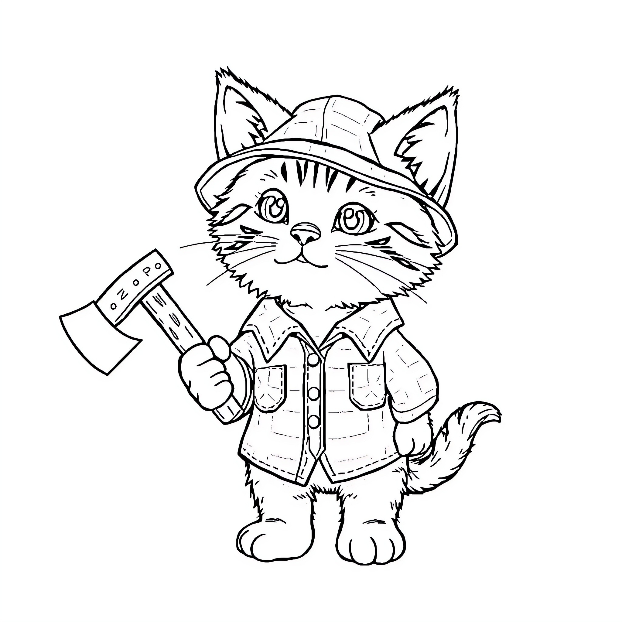 Kitten Wearing Firefighter Costume Coloring Page (free black-and-white line drawing printable PDF for all, from beginners to advanced learners, including children, teens, adults, and seniors)