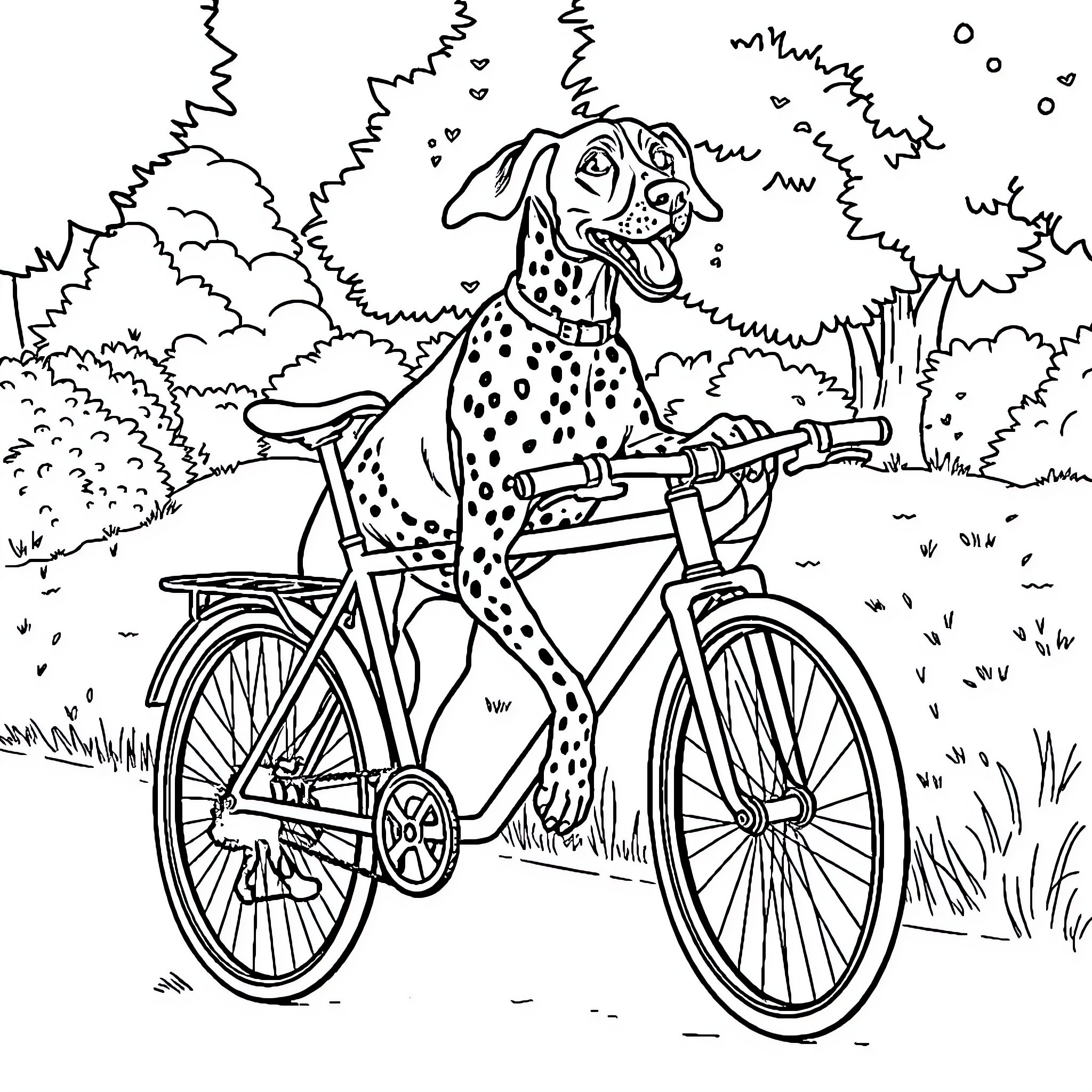Dog riding a bicycle in the park Coloring Page (free black-and-white line drawing printable PDF for all, from beginners to advanced learners, including children, teens, adults, and seniors)