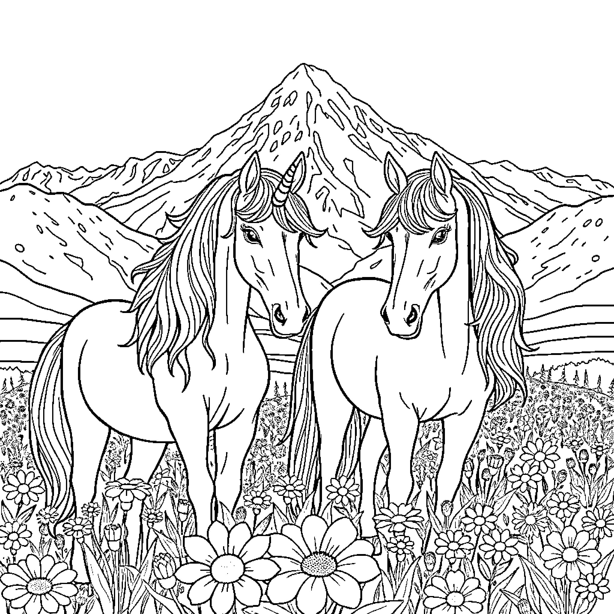 Unicorn Companions in Enchanting Meadow Coloring Page (free black-and-white line drawing printable PDF for all, from beginners to advanced learners, including children, teens, adults, and seniors)