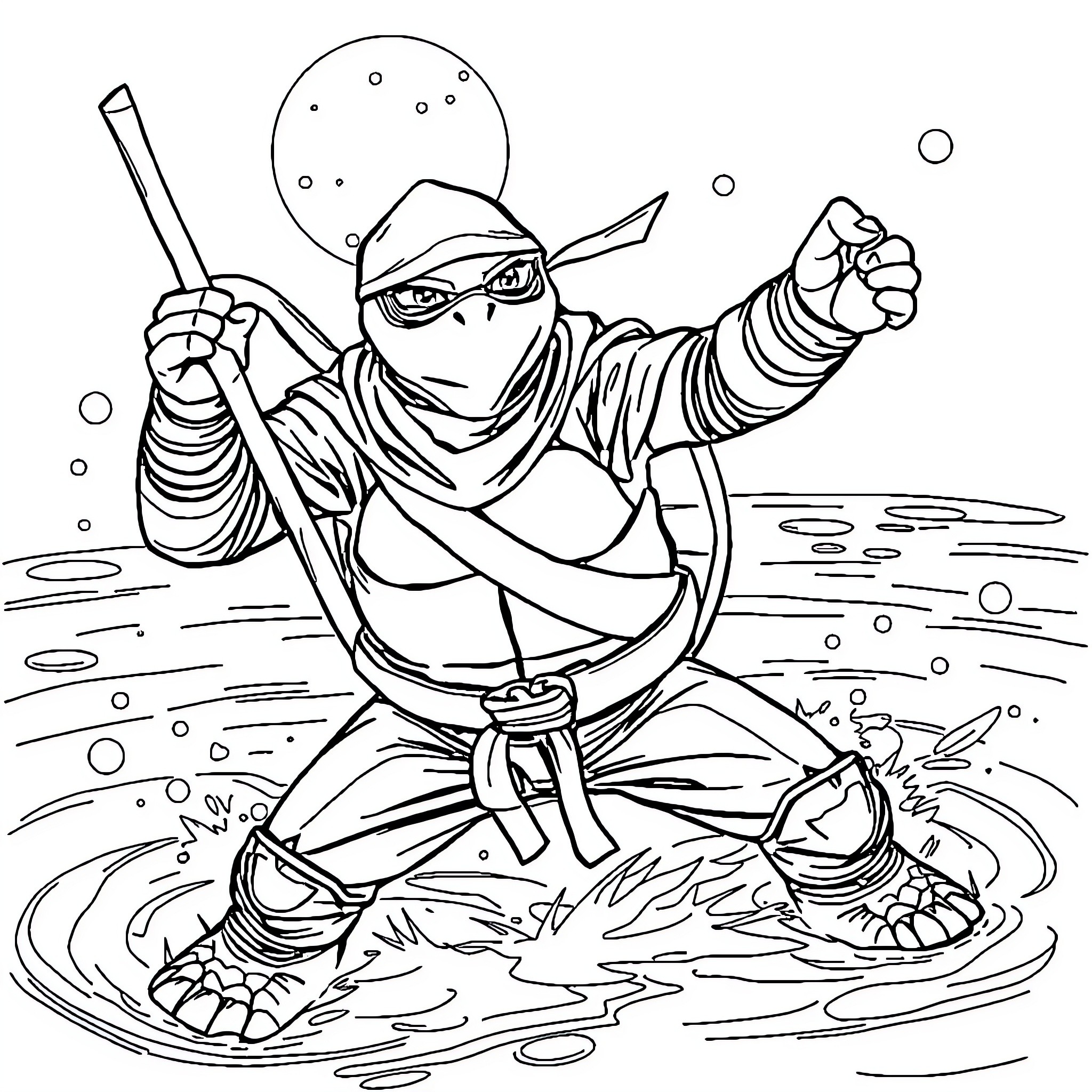 Turtle ninja warrior wields weapon in battle Coloring Page (free black-and-white line drawing printable PDF for all, from beginners to advanced learners, including children, teens, adults, and seniors)