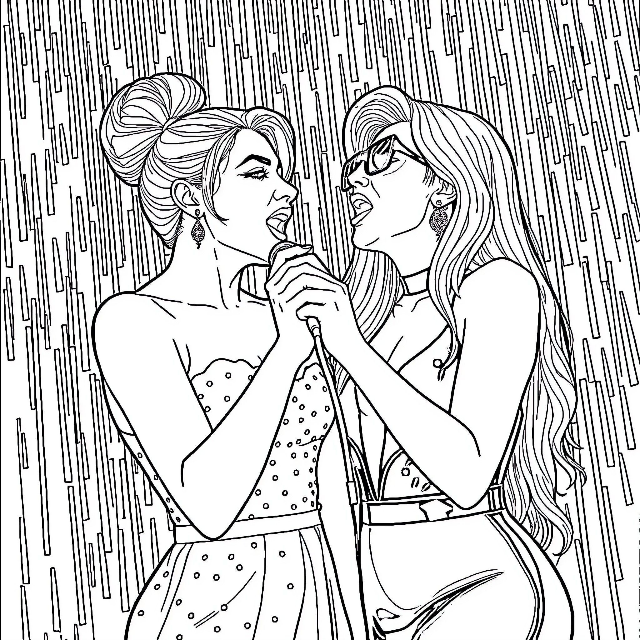 Ariana Grande and friend performing on stage Coloring Page (free black-and-white line drawing printable PDF for all, from beginners to advanced learners, including children, teens, adults, and seniors)