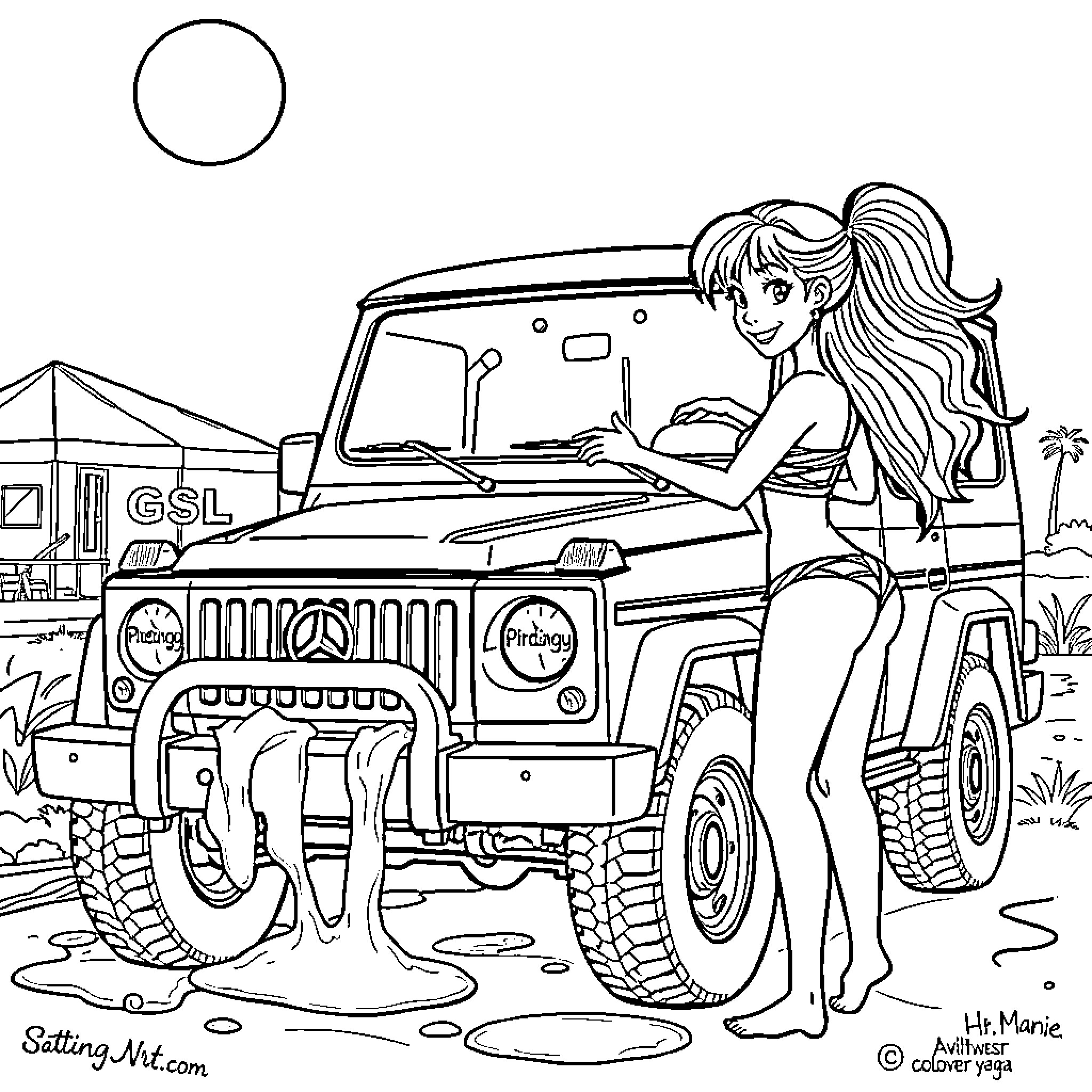 Girl enjoying adventure with off-road vehicle Coloring Page (free black-and-white line drawing printable PDF for all, from beginners to advanced learners, including children, teens, adults, and seniors)