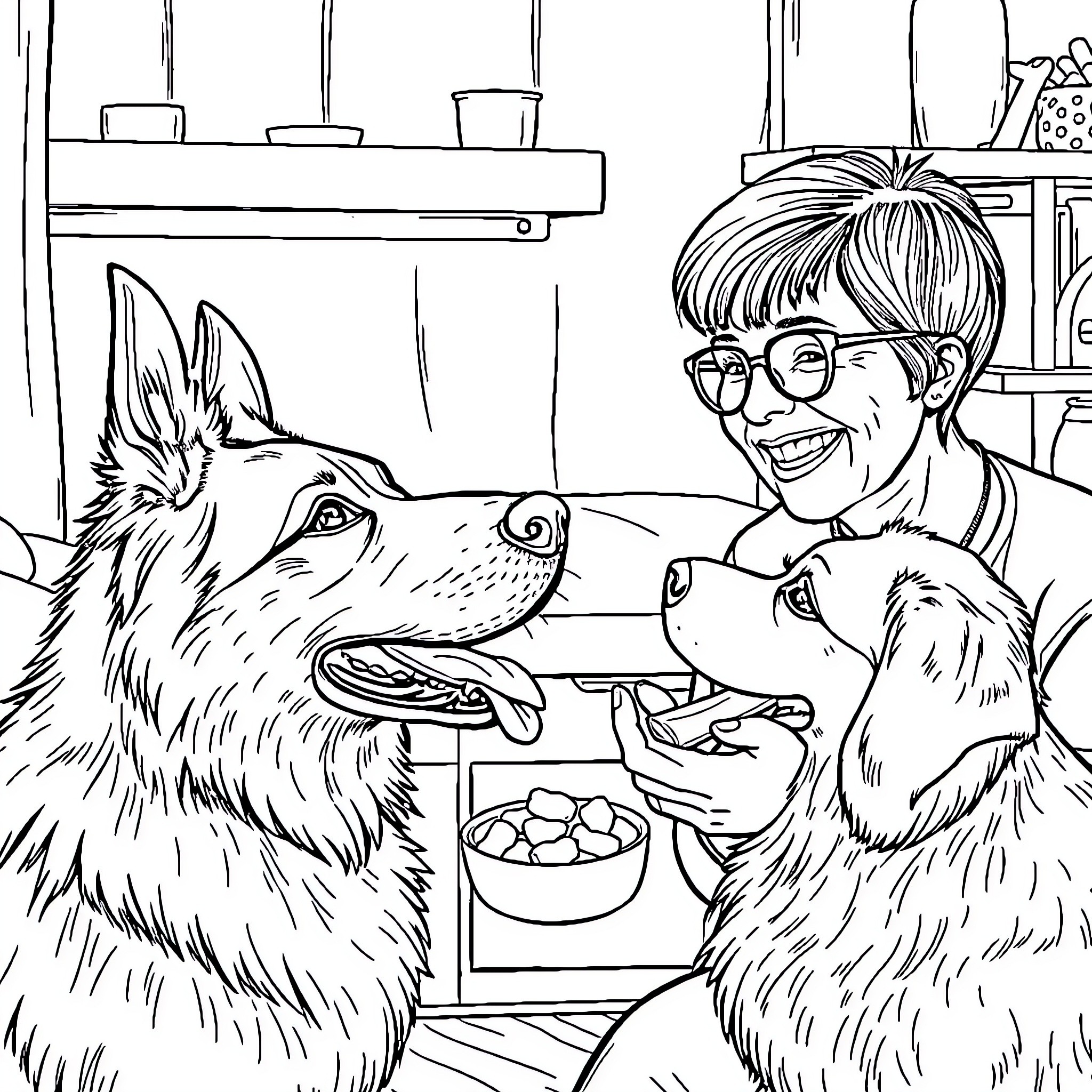 Dog Companions Enjoying Playtime with Owner Coloring Page (free black-and-white line drawing printable PDF for all, from beginners to advanced learners, including children, teens, adults, and seniors)