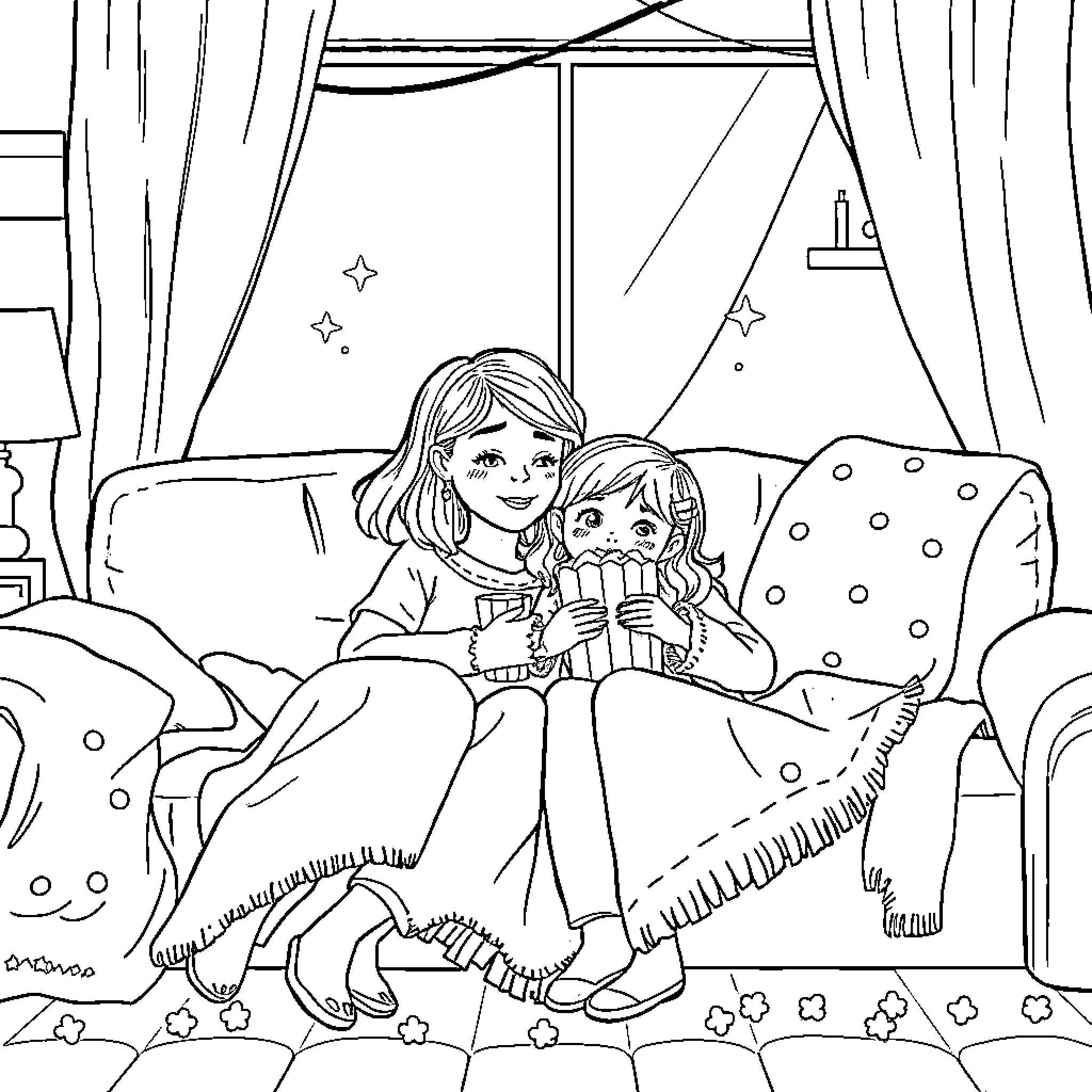 Mom and child enjoying cozy night in together Coloring Page (free black-and-white line drawing printable PDF for all, from beginners to advanced learners, including children, teens, adults, and seniors)