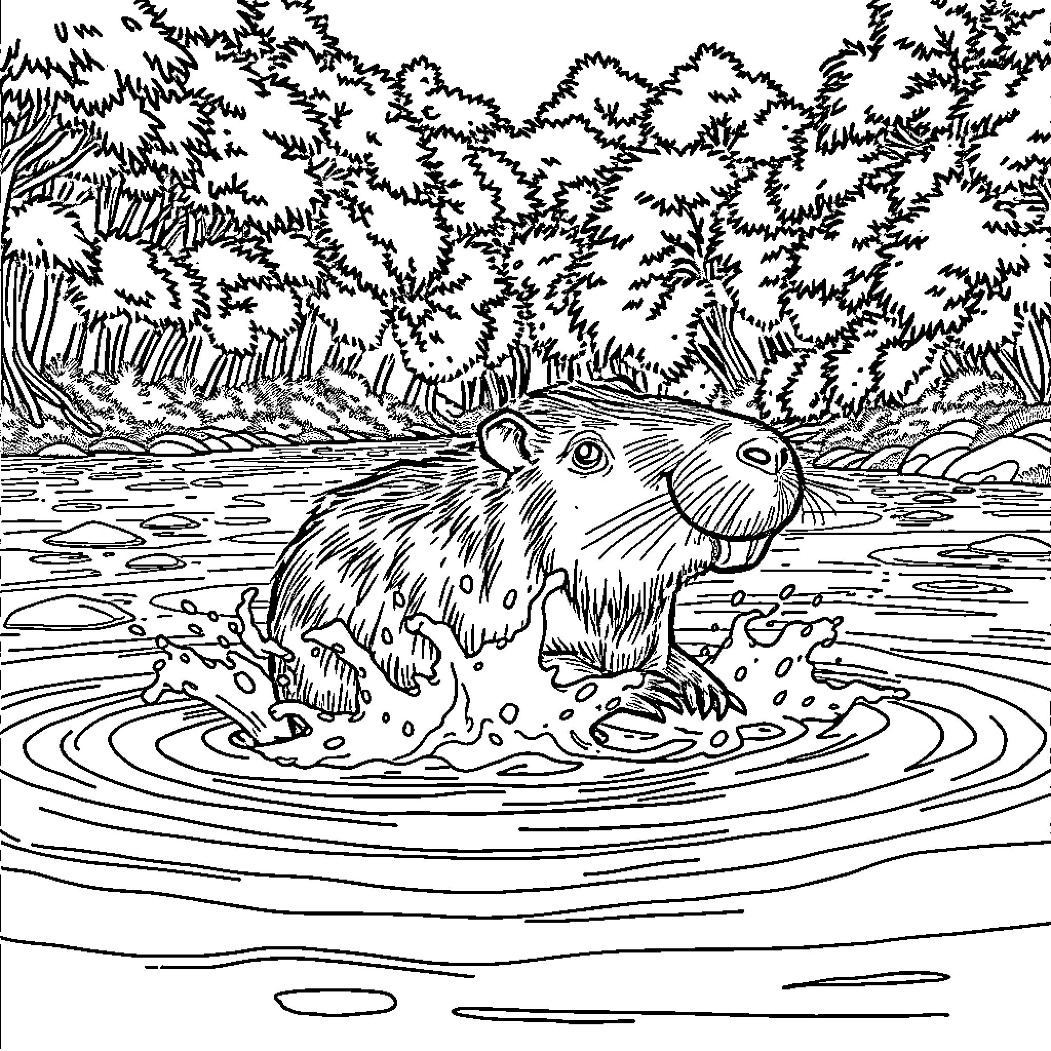 Capybara bathing in tranquil forest stream Coloring Page (free black-and-white line drawing printable PDF for all, from beginners to advanced learners, including children, teens, adults, and seniors)