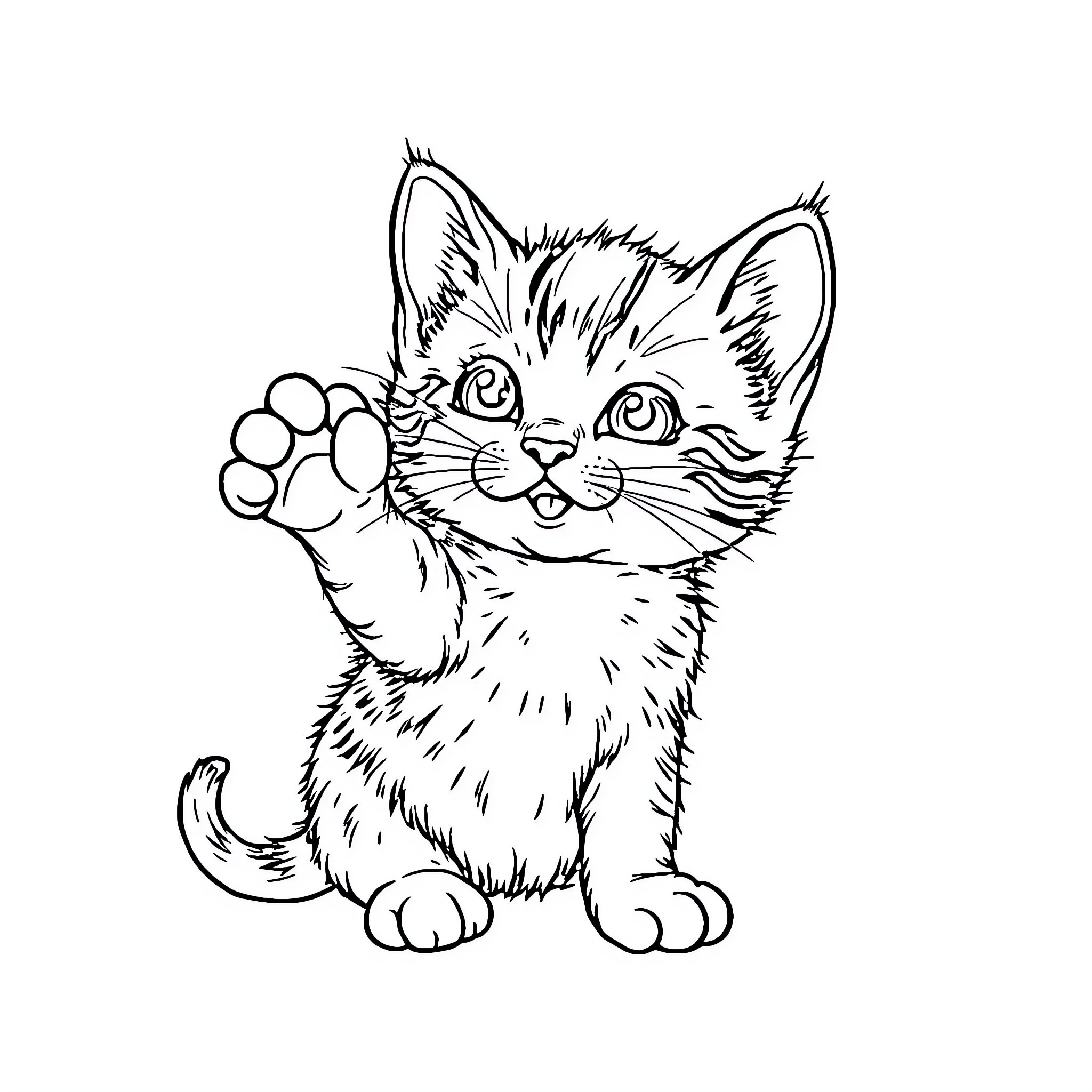 Kitten playfully raising paw Coloring Page (free black-and-white line drawing printable PDF for all, from beginners to advanced learners, including children, teens, adults, and seniors)
