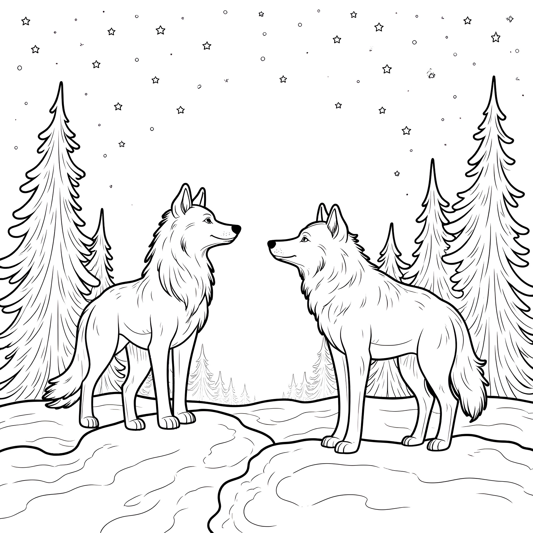 Wolf duo in a snowy forest Coloring Page (free black-and-white line drawing printable PDF for all, from beginners to advanced learners, including children, teens, adults, and seniors)
