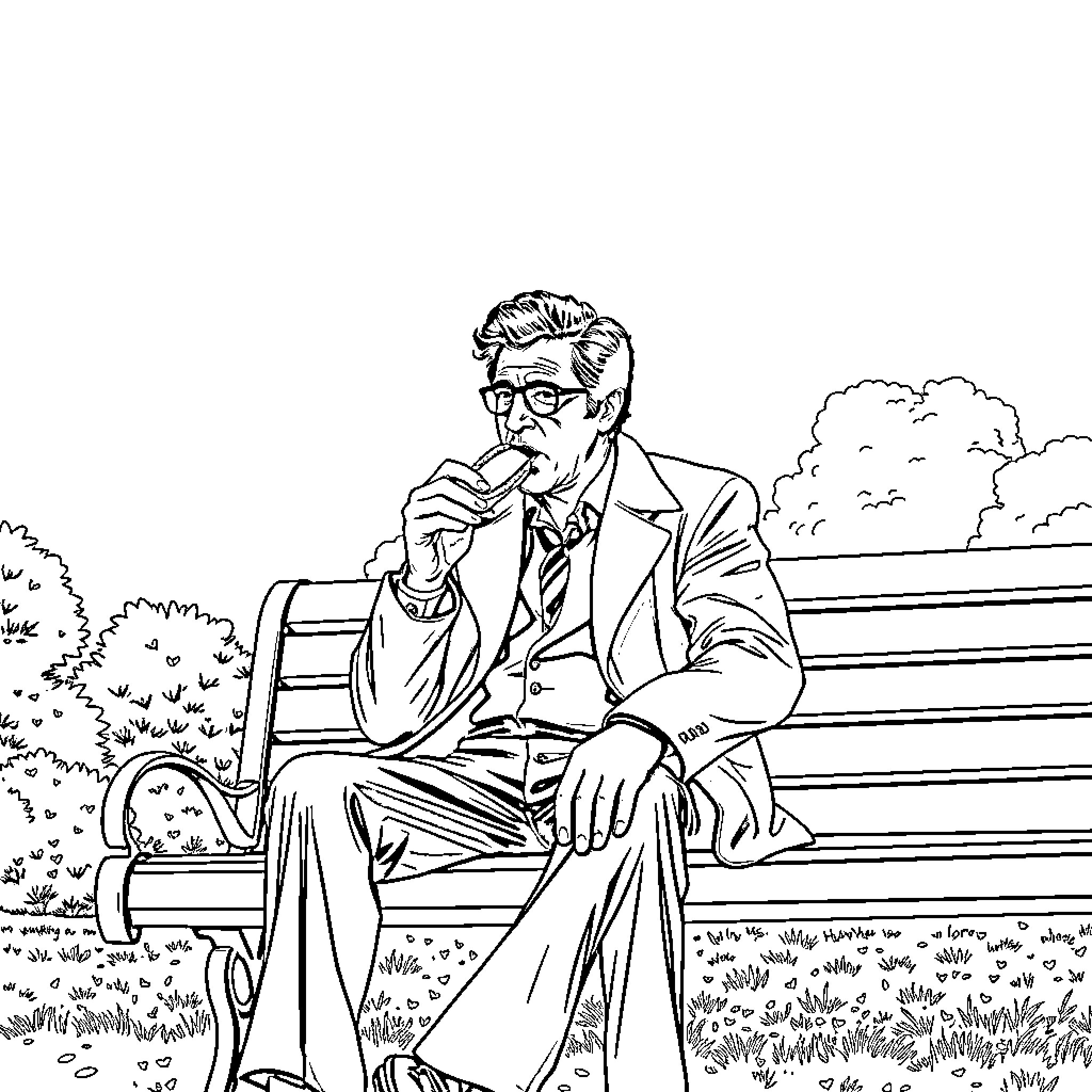 Al Pacino Contemplating in Scenic Park Bench Coloring Page (free black-and-white line drawing printable PDF for all, from beginners to advanced learners, including children, teens, adults, and seniors)