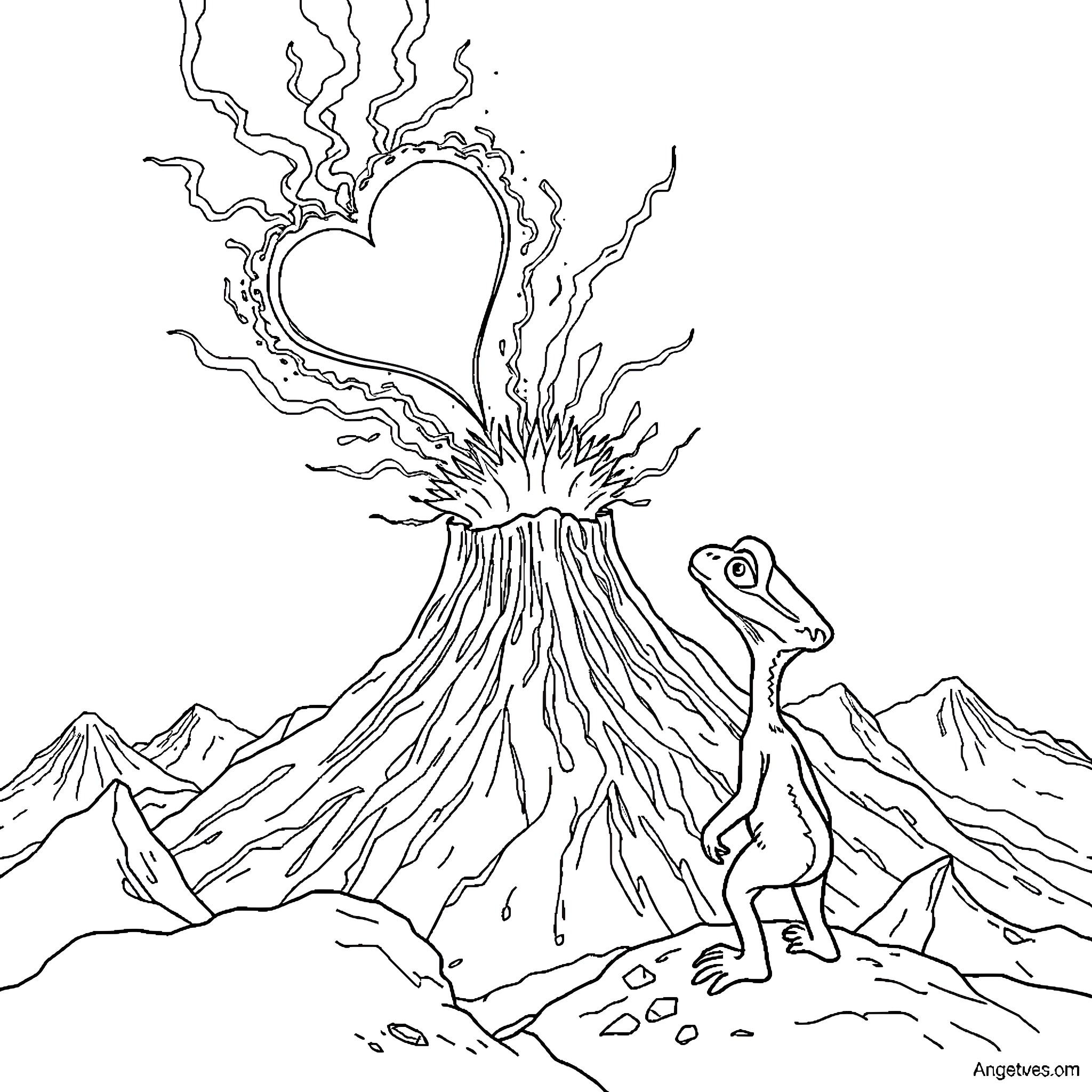 Heart-shaped Volcano Erupting with Lizard Coloring Page (free black-and-white line drawing printable PDF for all, from beginners to advanced learners, including children, teens, adults, and seniors)