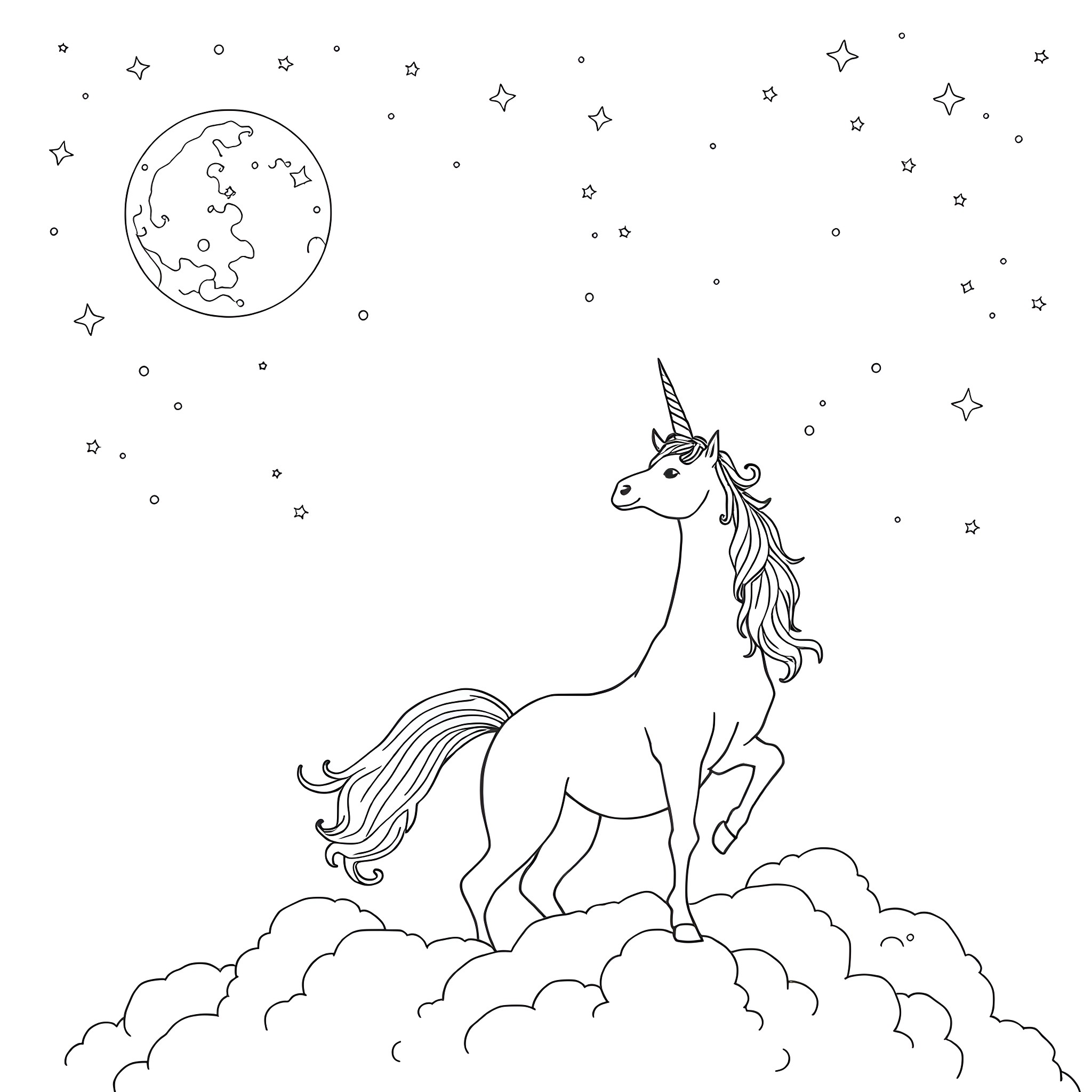 Unicorn prancing among the stars Coloring Page (free black-and-white line drawing printable PDF for all, from beginners to advanced learners, including children, teens, adults, and seniors)