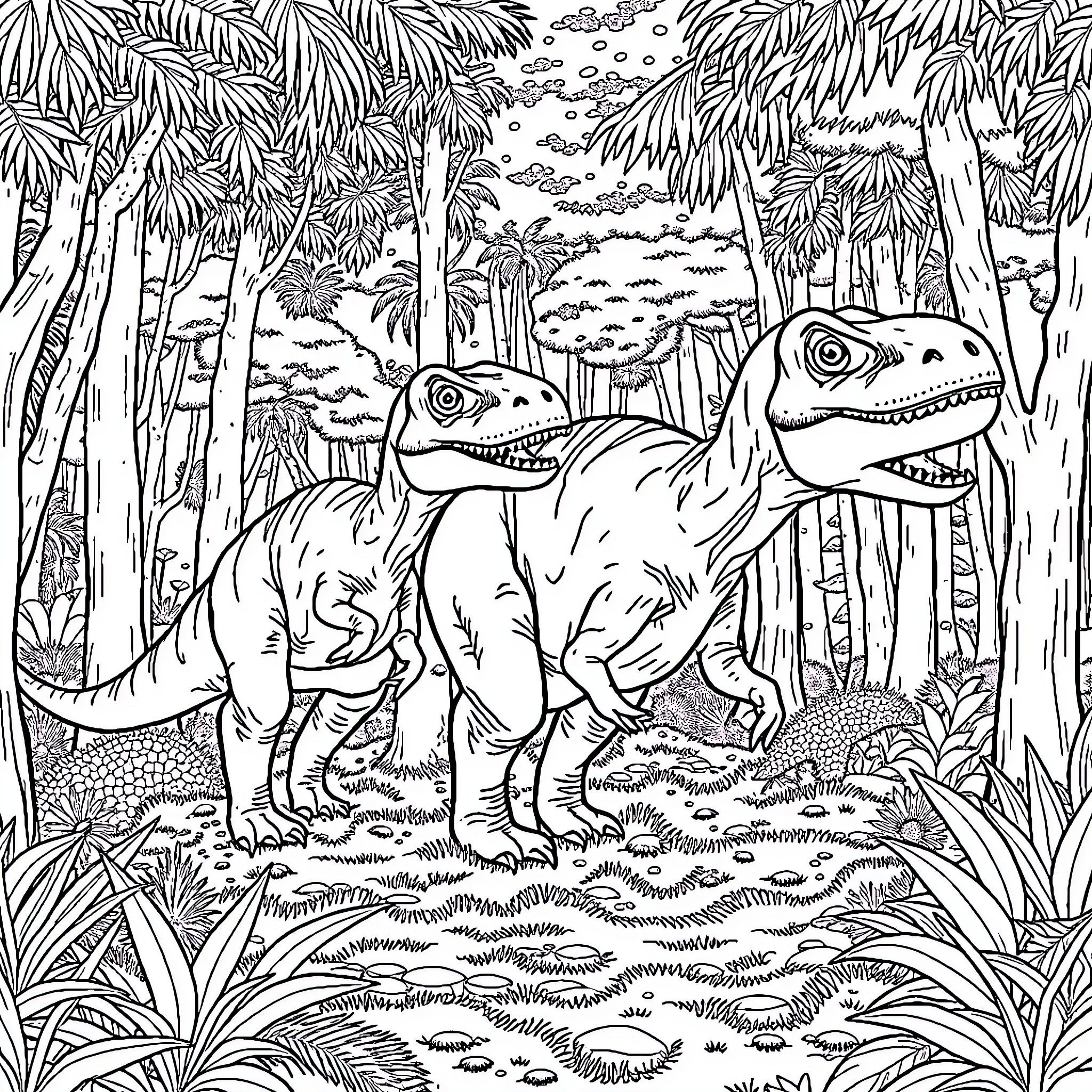Dinosaurs roaming in the lush jungle landscape Coloring Page (free black-and-white line drawing printable PDF for all, from beginners to advanced learners, including children, teens, adults, and seniors)