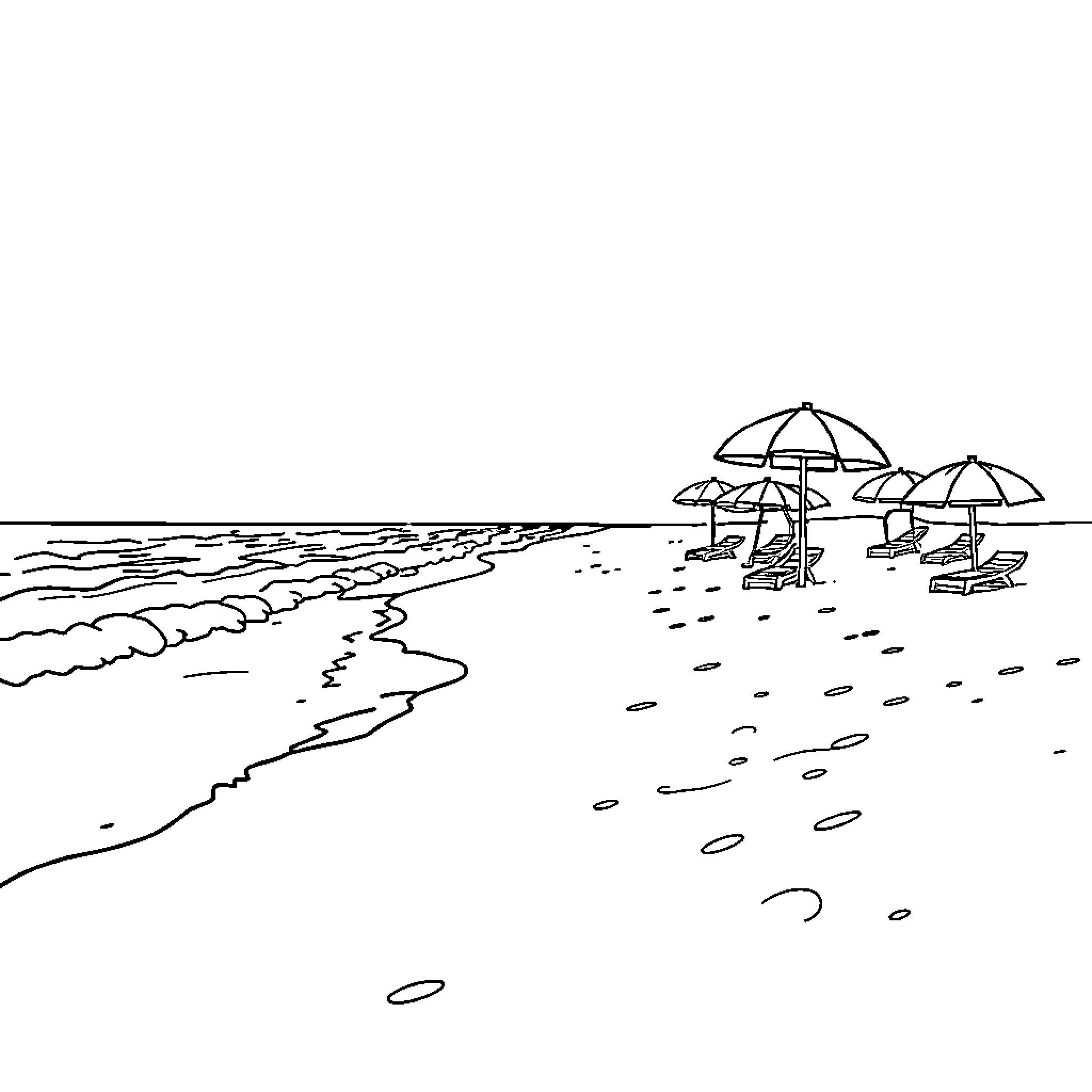 Beach scene with umbrellas and visitors enjoying the day Coloring Page (free black-and-white line drawing printable PDF for all, from beginners to advanced learners, including children, teens, adults, and seniors)