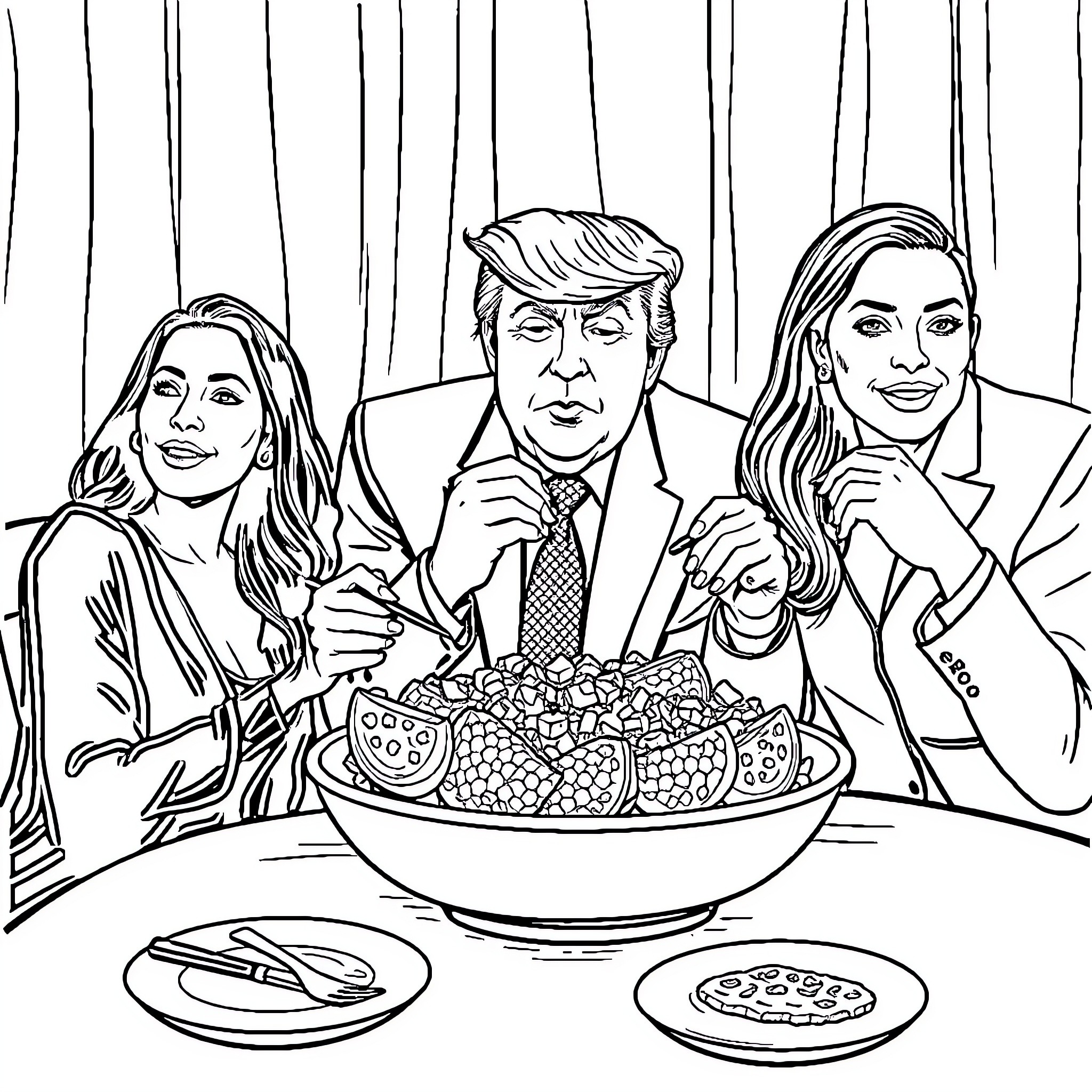 Celebrity Dining with Formal Attire and Festive Dishes Coloring Page (free black-and-white line drawing printable PDF for all, from beginners to advanced learners, including children, teens, adults, and seniors)