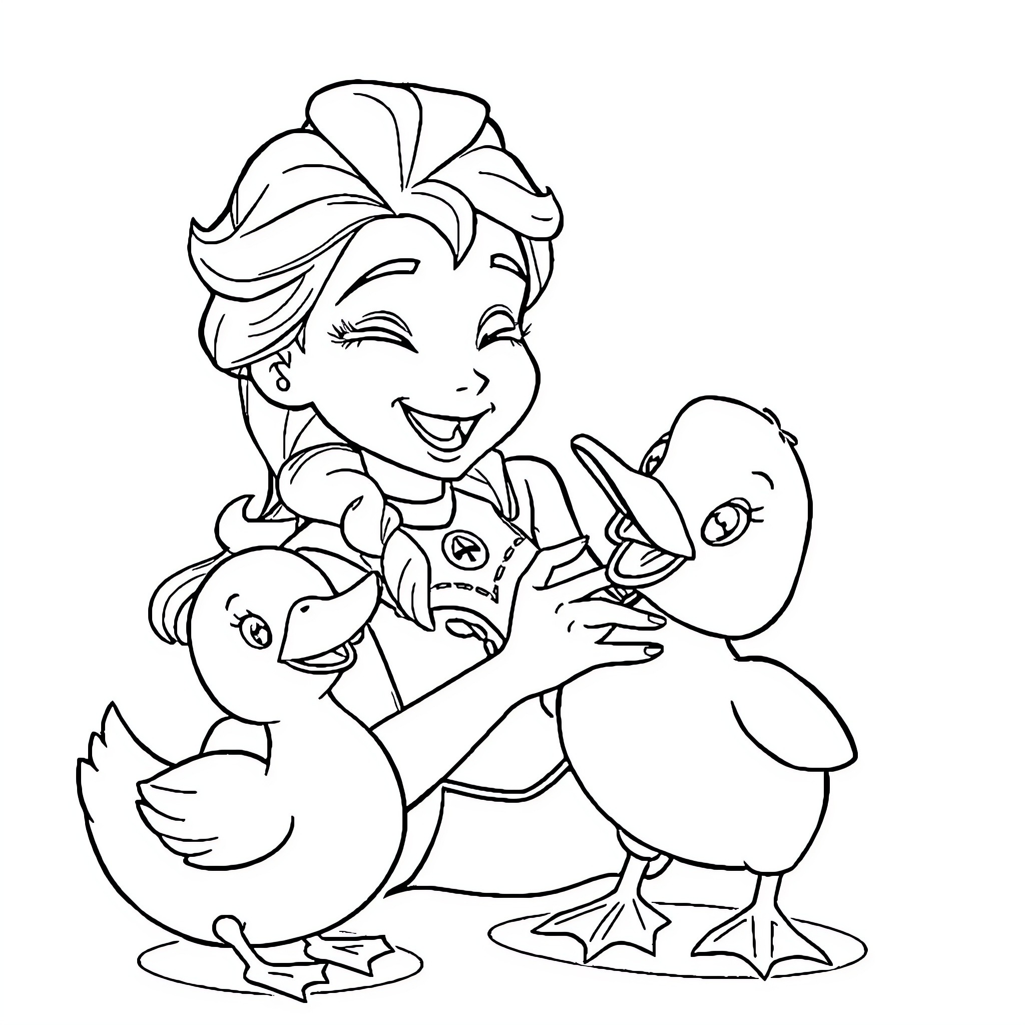 Elsa playing with cute ducklings Coloring Page (free black-and-white line drawing printable PDF for all, from beginners to advanced learners, including children, teens, adults, and seniors)