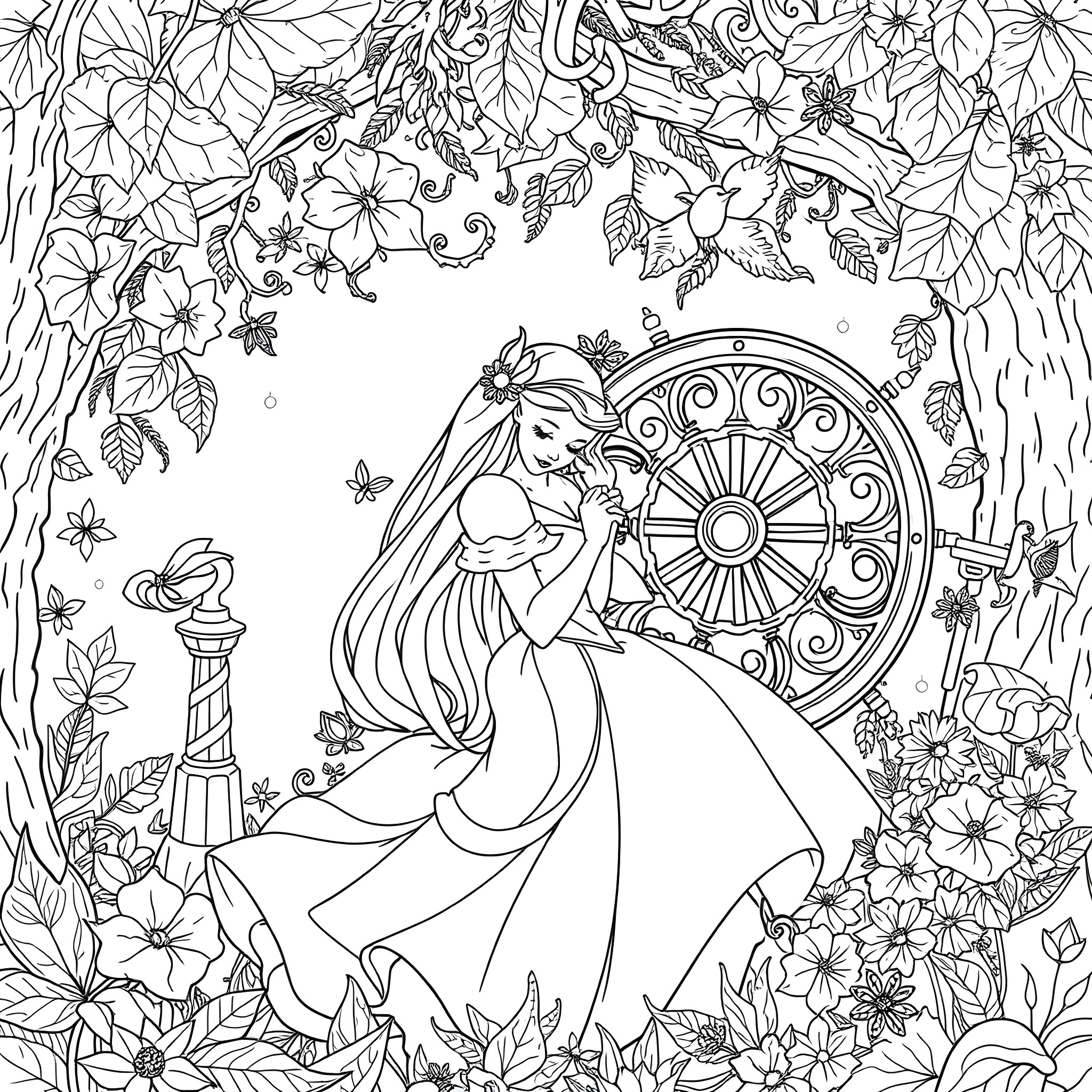 Sleeping Beauty in a Floral Dream World Coloring Page (free black-and-white line drawing printable PDF for all, from beginners to advanced learners, including children, teens, adults, and seniors)